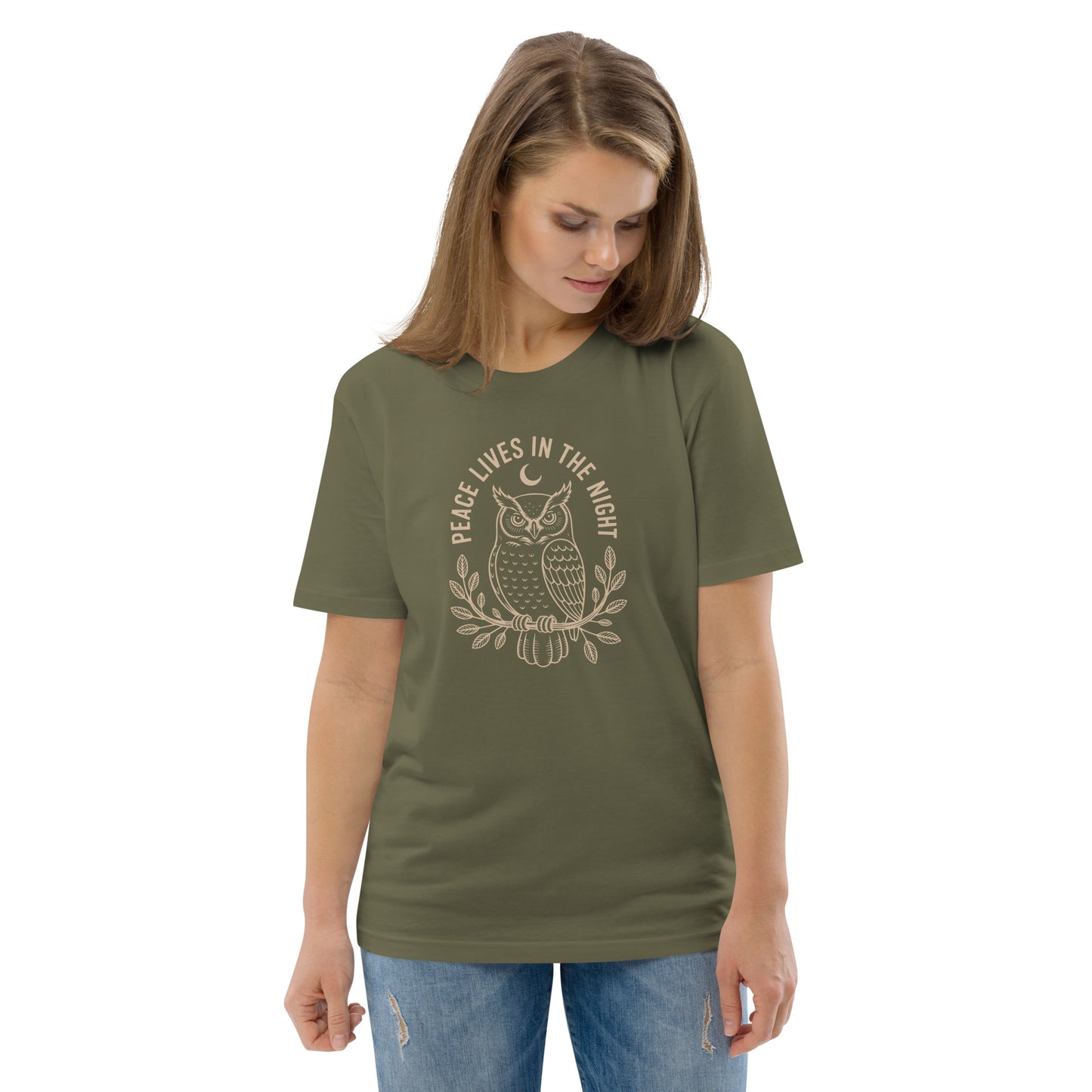 Unisex Organic Cotton T-Shirt: 'Peace in the Night' | Sustainable Owl Fashion USA Khaki Dudeily