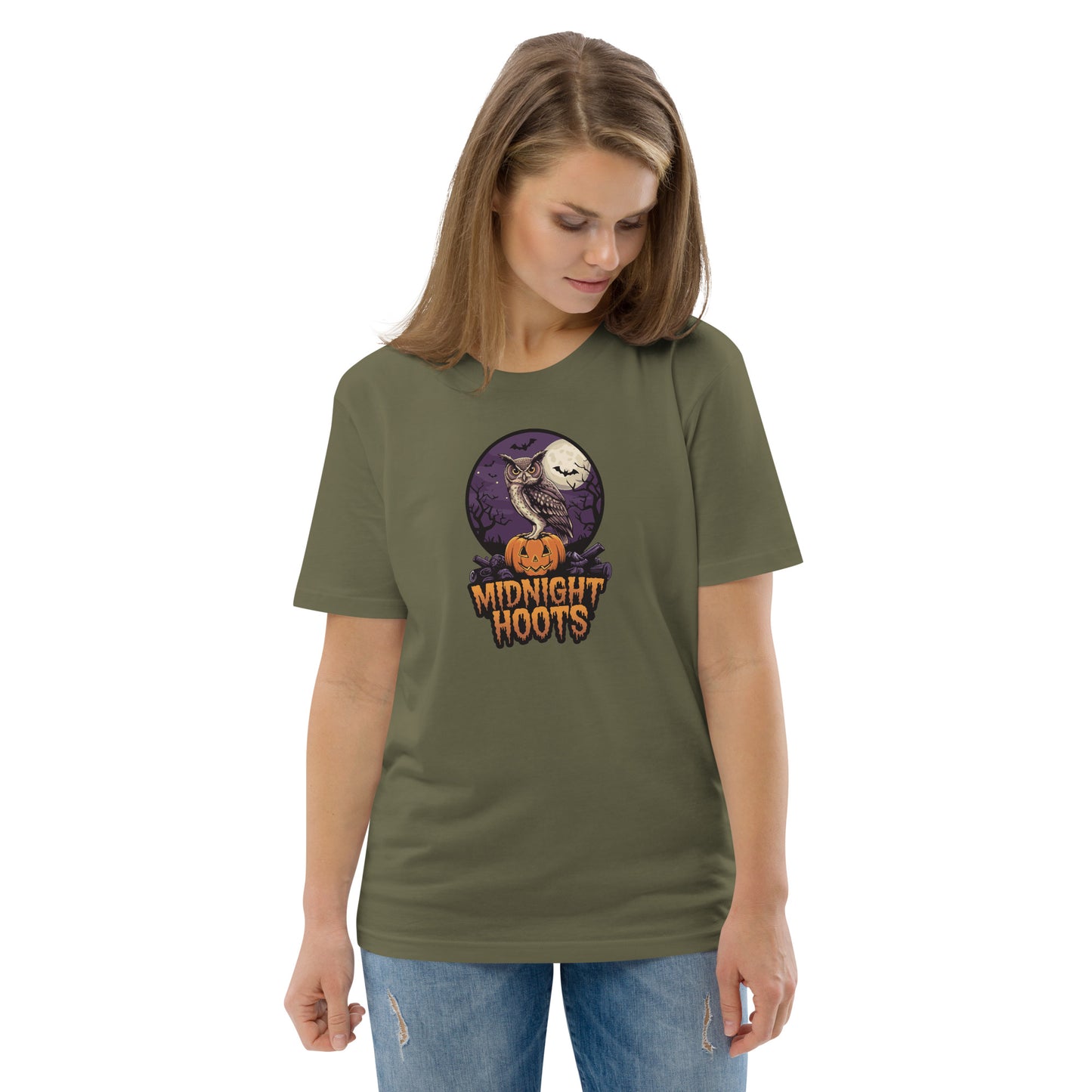 Unisex Organic Cotton T-Shirt: Halloween Owl Eco Fashion USA Khaki Dudeily