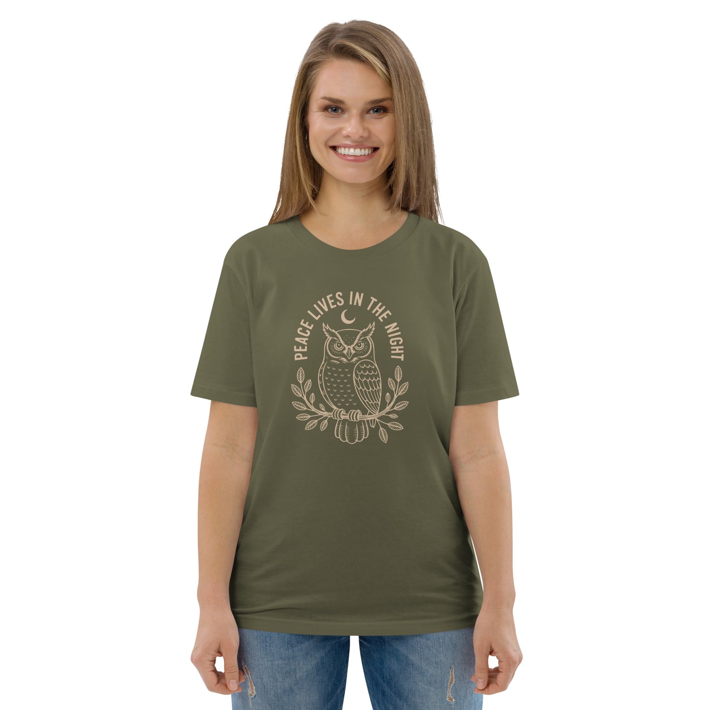 Unisex Organic Cotton T-Shirt: 'Peace in the Night' | Sustainable Owl Fashion USA Dudeily
