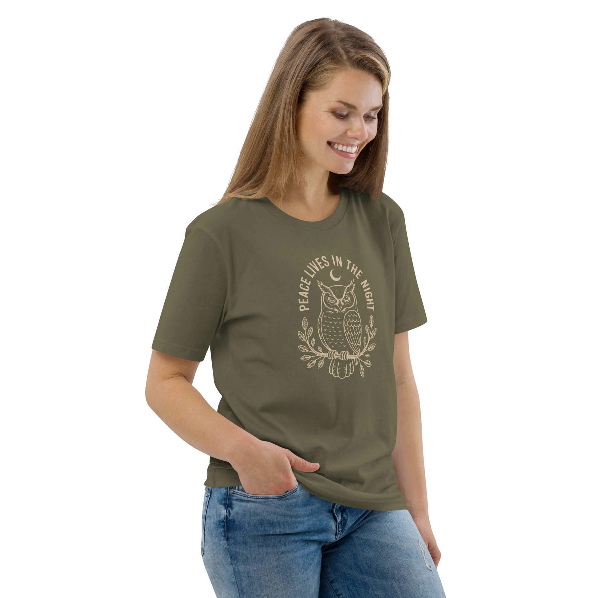 Unisex Organic Cotton T-Shirt: 'Peace in the Night' | Sustainable Owl Fashion USA Dudeily