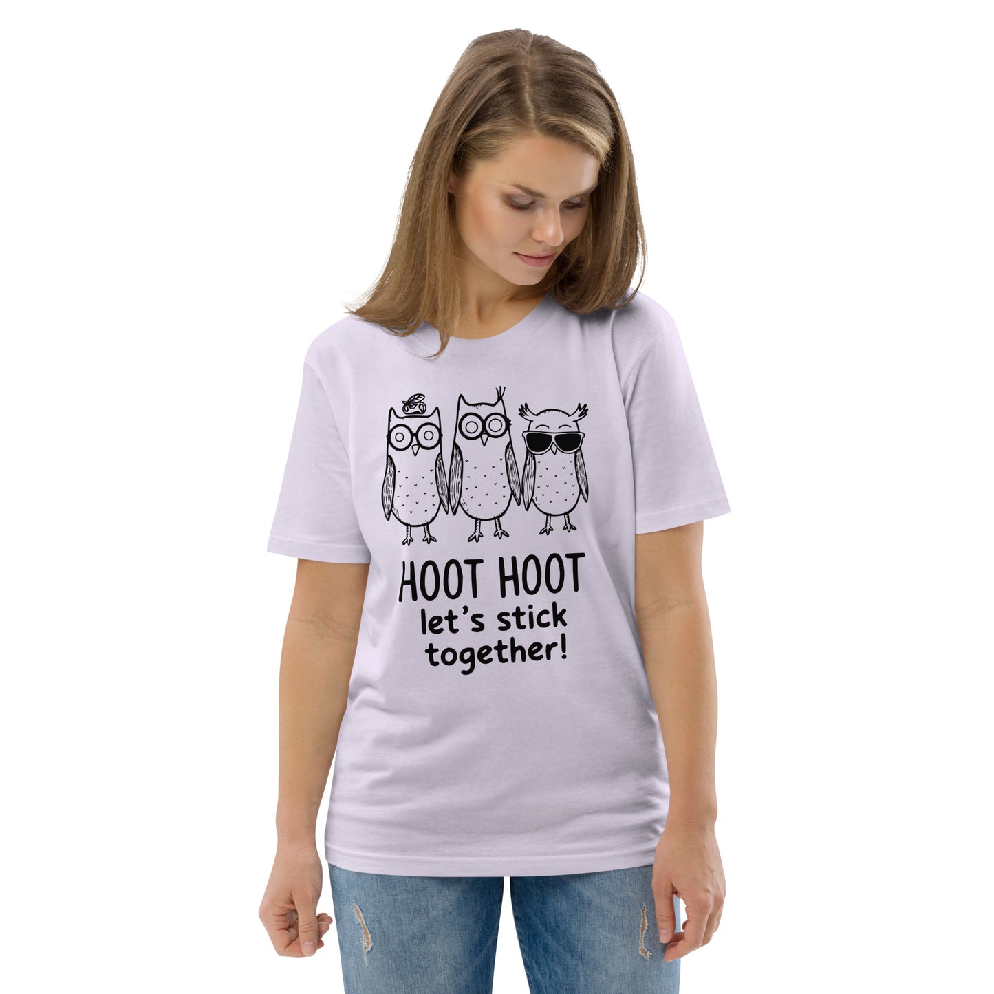 Unisex Organic Cotton T-Shirt: Hoot Hoot Let’s Stick Together! | Owl-Themed Sustainable Fashion USA Lavender Dudeily