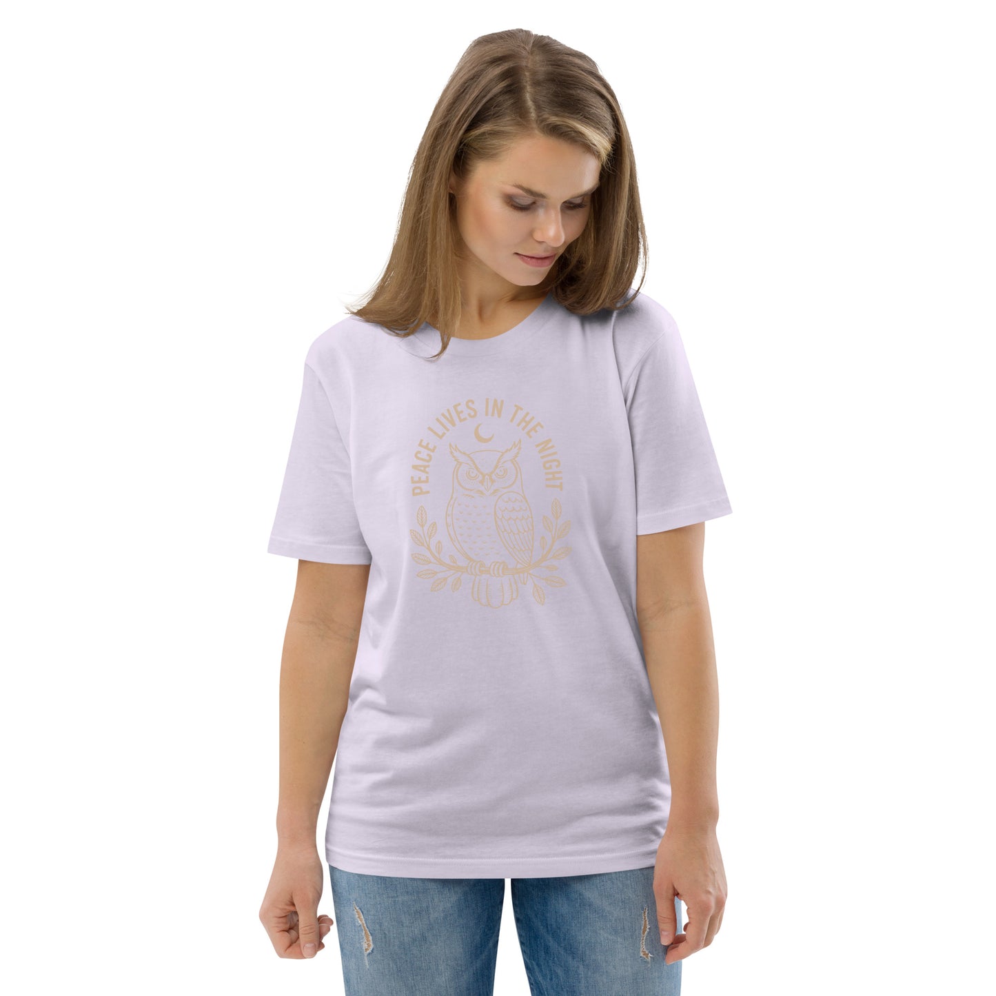 Unisex Organic Cotton T-Shirt: 'Peace in the Night' | Sustainable Owl Fashion USA Lavender Dudeily