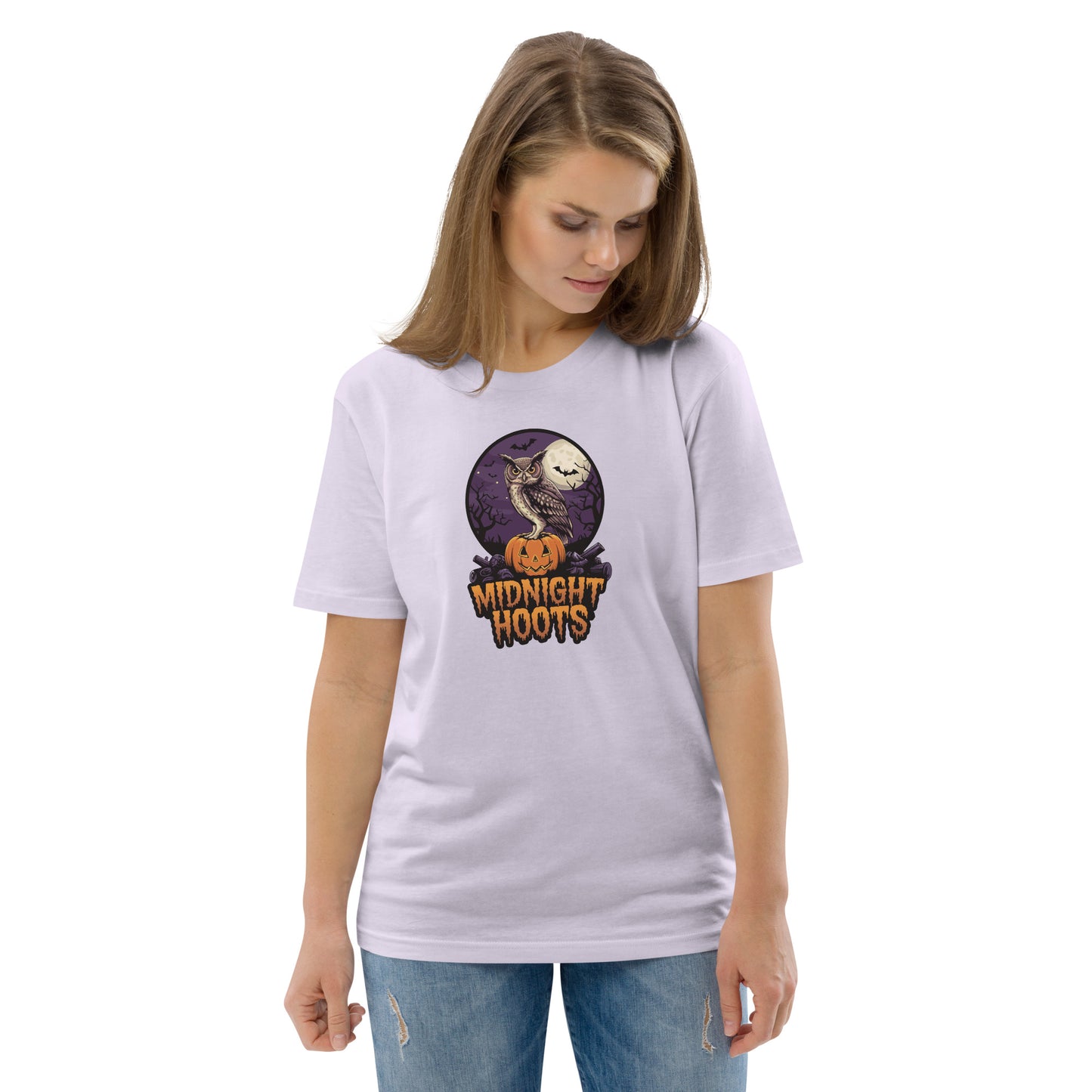 Unisex Organic Cotton T-Shirt: Halloween Owl Eco Fashion USA Lavender Dudeily