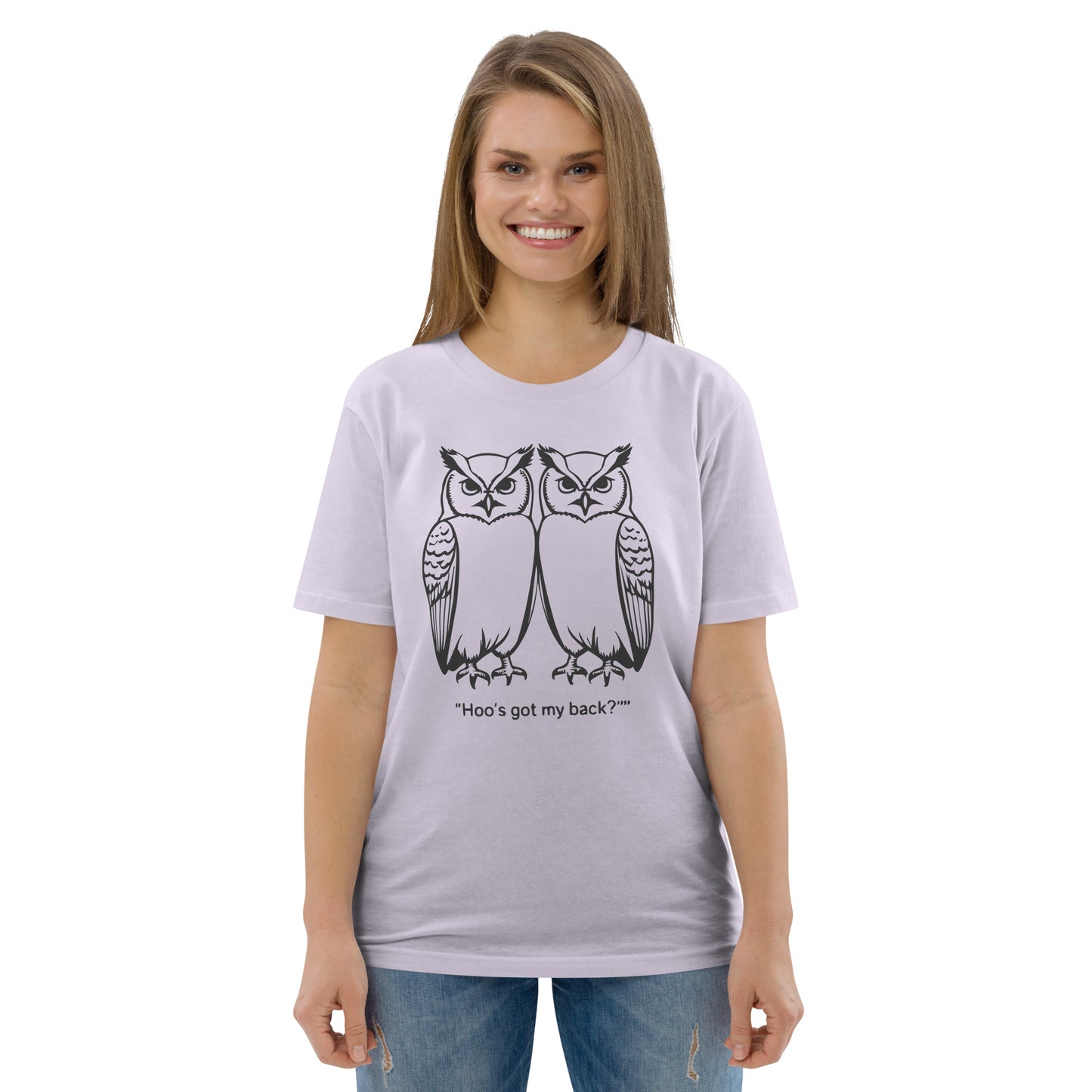 Unisex Organic Cotton T-Shirt: Hoo’s Got My Back? | Owl-Themed Sustainable Fashion USA by Dudeily Dudeily