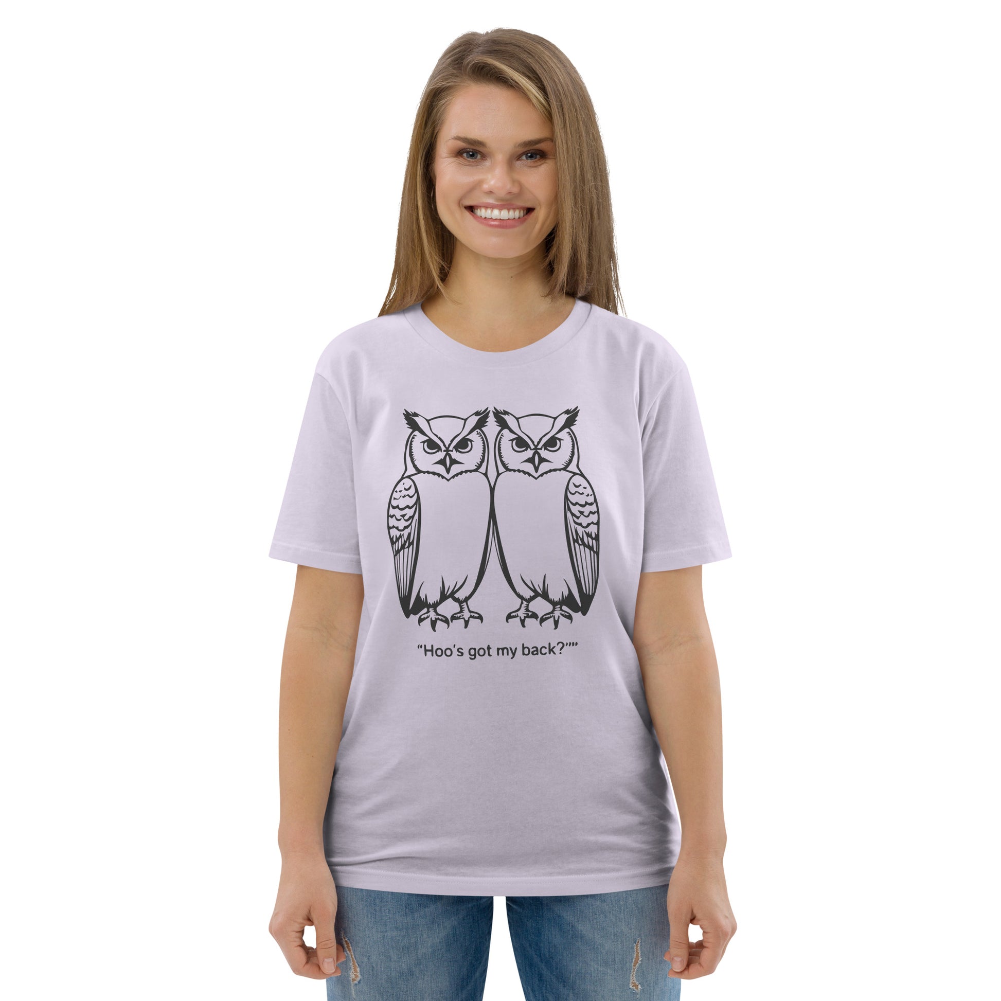 Unisex Organic Cotton T-Shirt: Hoo’s Got My Back? | Owl-Themed Sustainable Fashion USA by Dudeily Dudeily