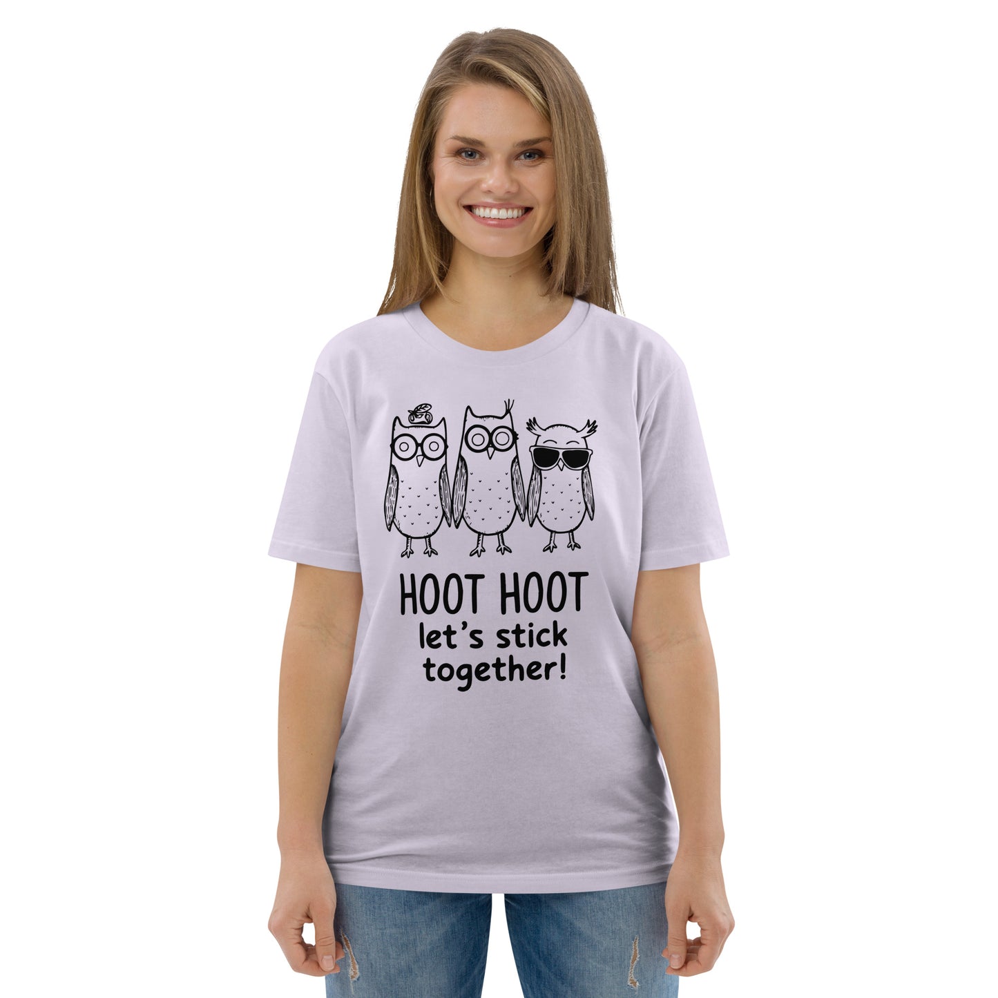 Unisex Organic Cotton T-Shirt: Hoot Hoot Let’s Stick Together! | Owl-Themed Sustainable Fashion USA Dudeily