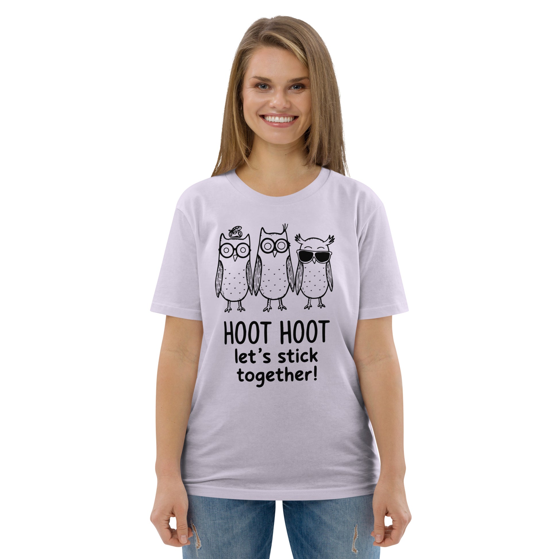 Unisex Organic Cotton T-Shirt: Hoot Hoot Let’s Stick Together! | Owl-Themed Sustainable Fashion USA Dudeily