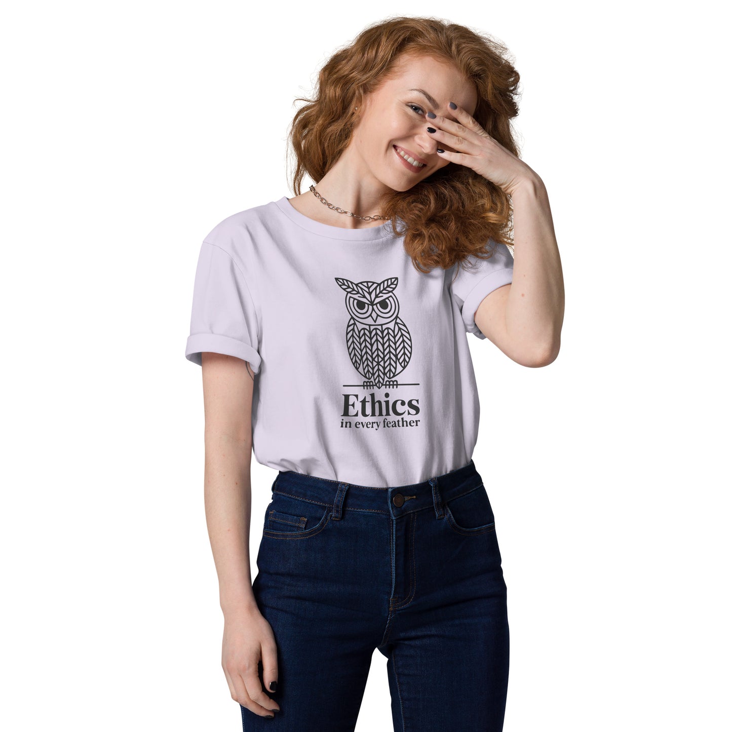 Unisex Organic Cotton T-Shirt: 'Ethics in Every Feather' for Fall | Sustainable Owl Fashion USA Lavender Dudeily