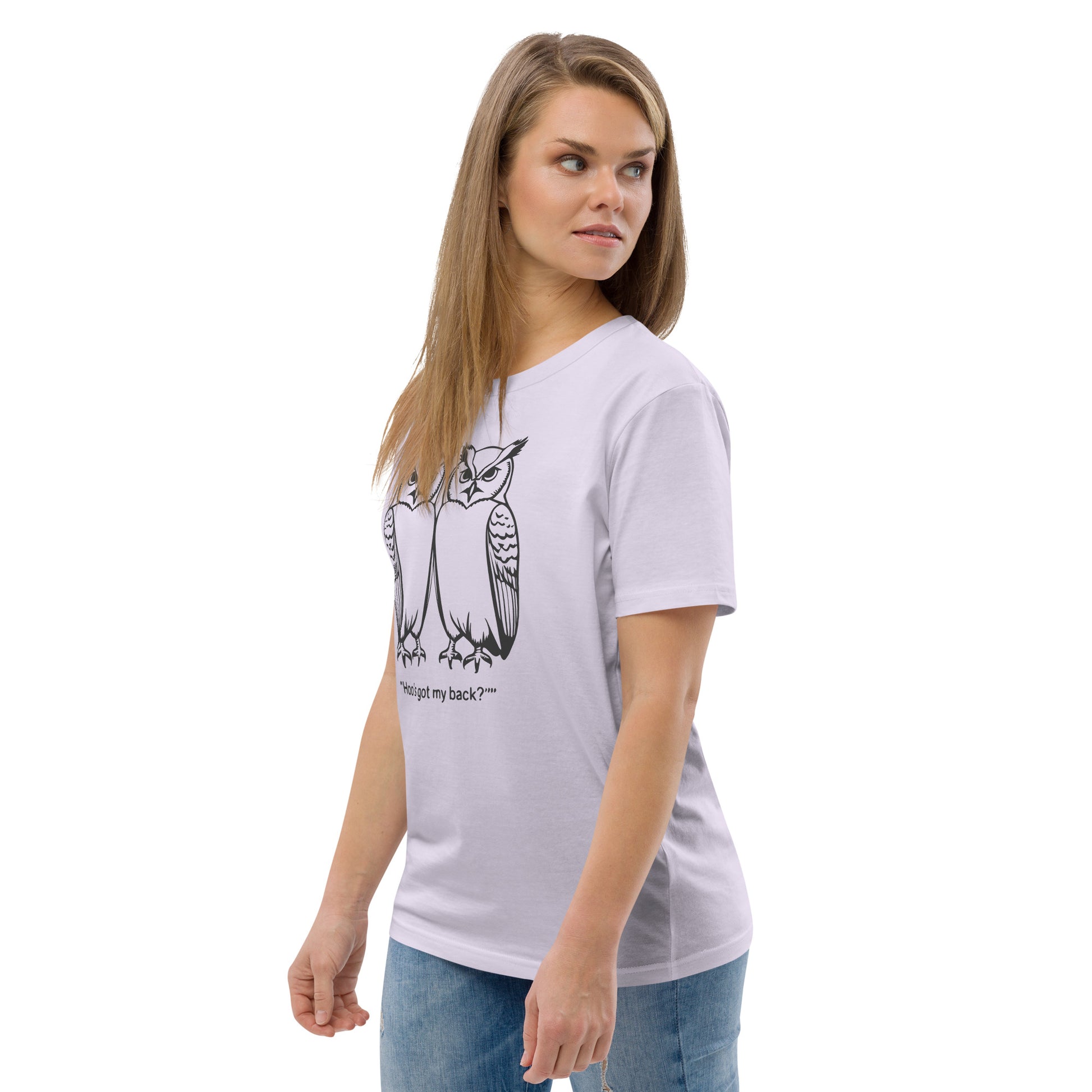 Unisex Organic Cotton T-Shirt: Hoo’s Got My Back? | Owl-Themed Sustainable Fashion USA by Dudeily Dudeily