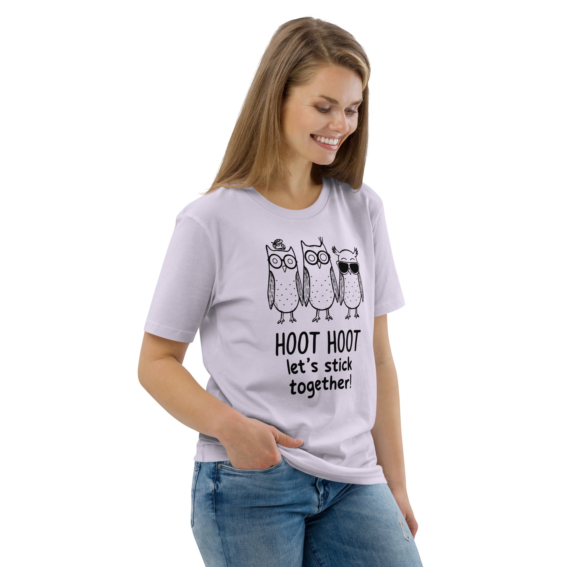 Unisex Organic Cotton T-Shirt: Hoot Hoot Let’s Stick Together! | Owl-Themed Sustainable Fashion USA Dudeily