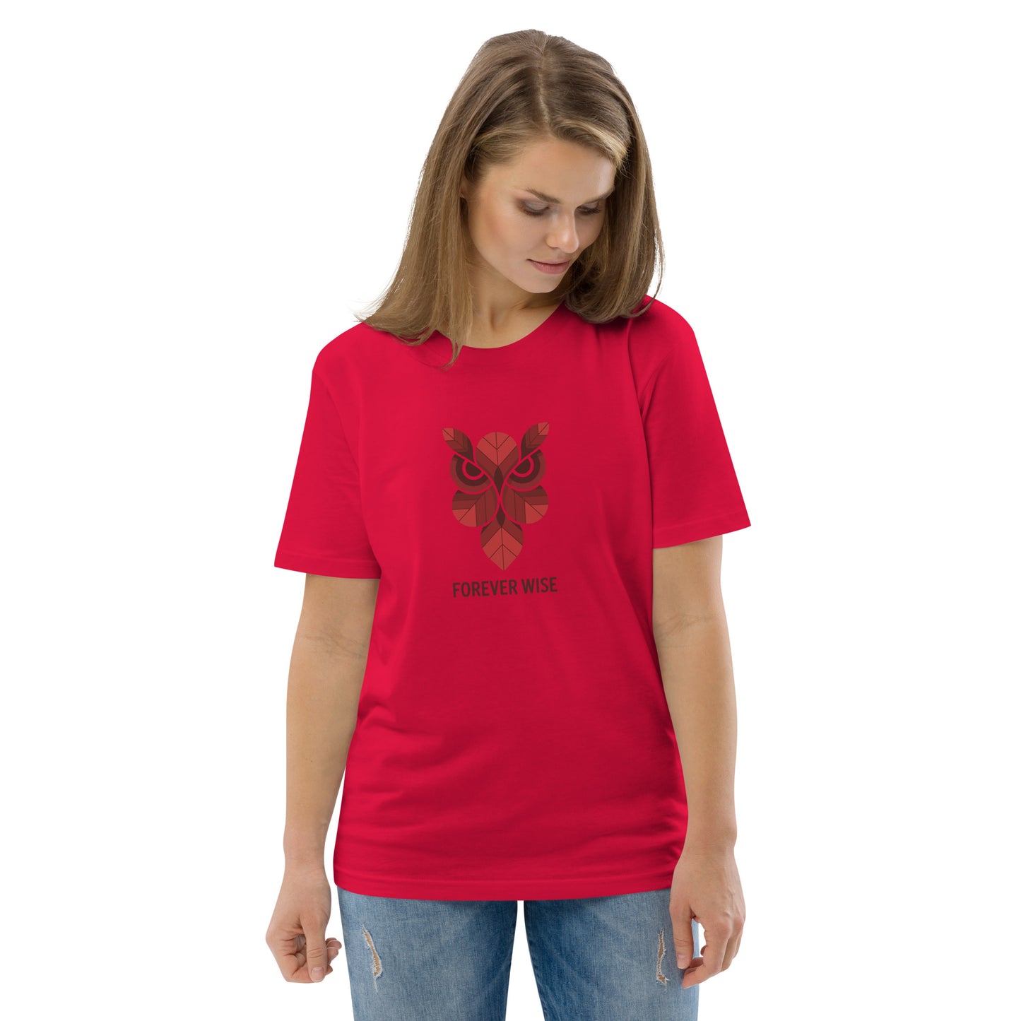 Unisex Organic Cotton T-Shirt: 'Forever Wise' | Sustainable Owl Fashion USA Red Dudeily