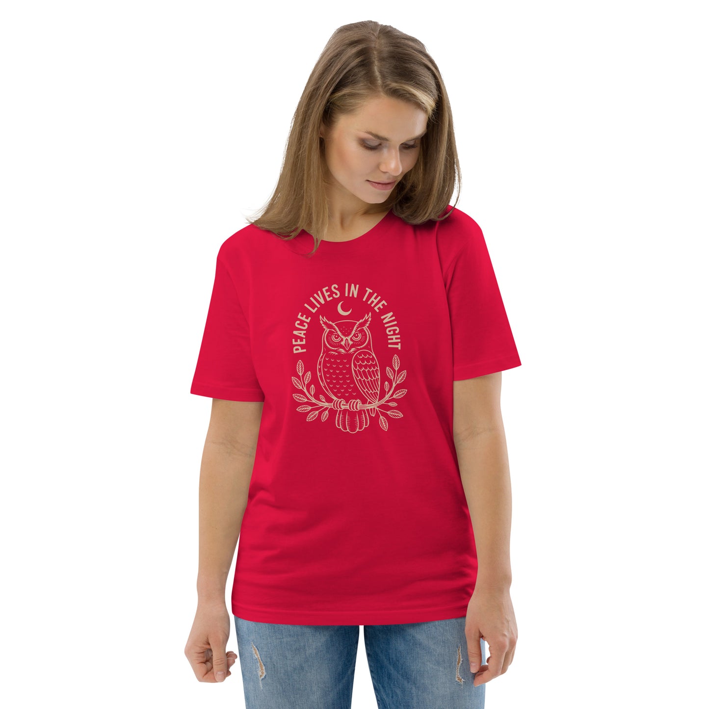 Unisex Organic Cotton T-Shirt: 'Peace in the Night' | Sustainable Owl Fashion USA Red Dudeily