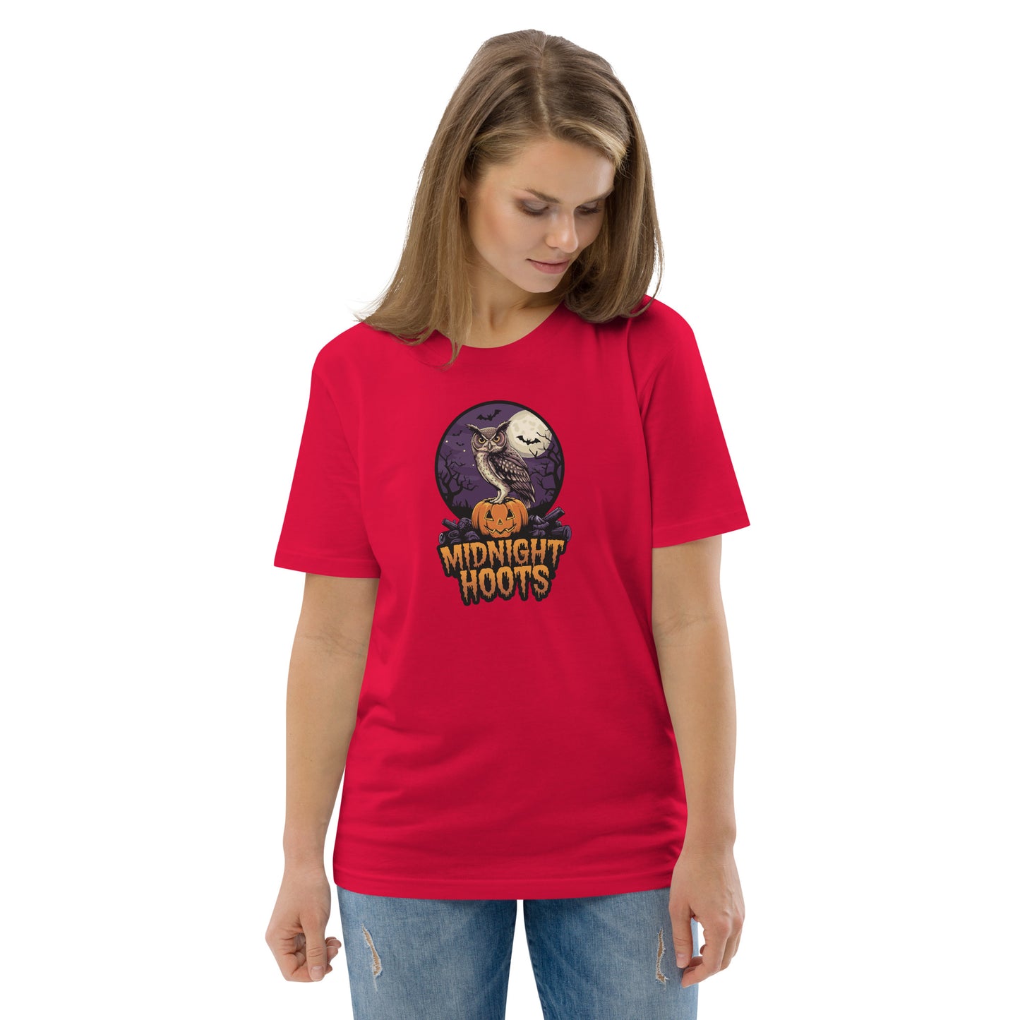 Unisex Organic Cotton T-Shirt: Halloween Owl Eco Fashion USA Red Dudeily