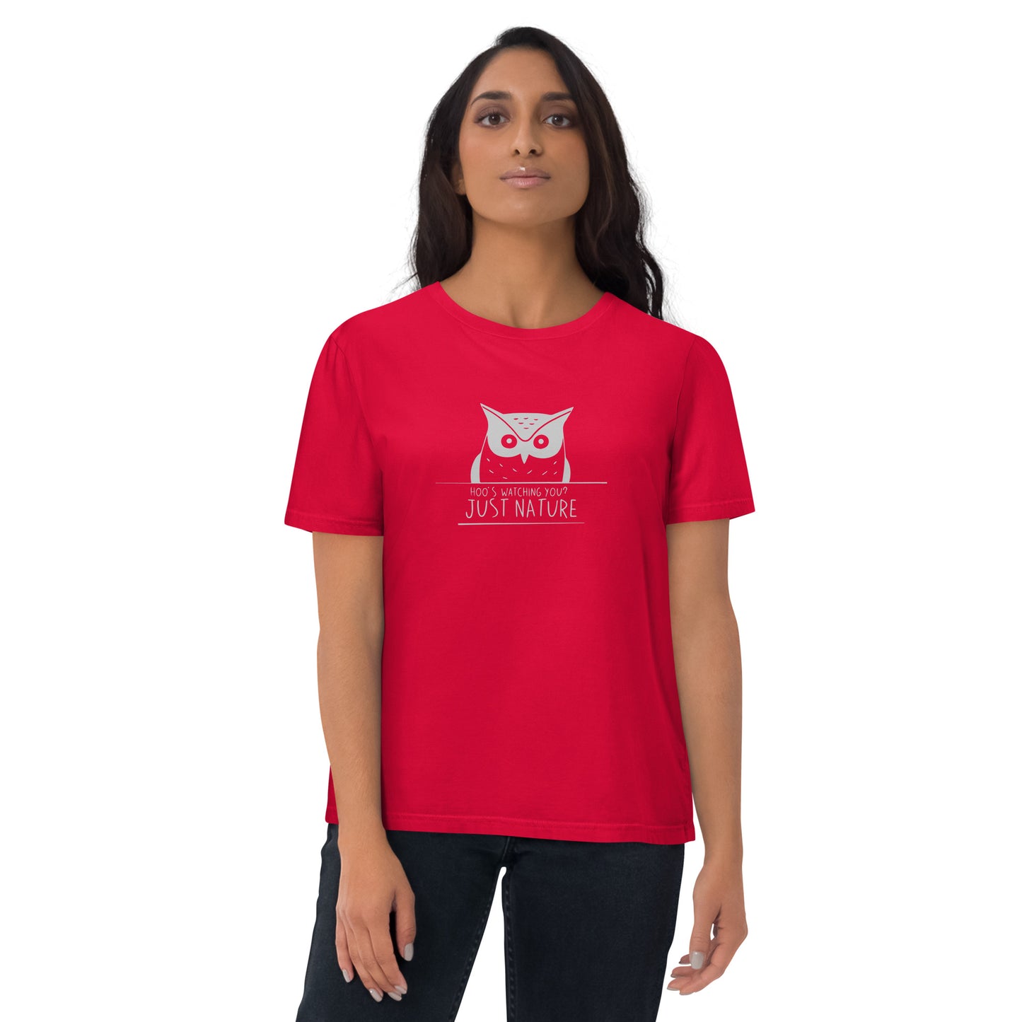 Organic Cotton T-Shirt: 'Hoo's Watching You? Just Nature' in Fall | Ethical Owl Clothing USA Red Dudeily