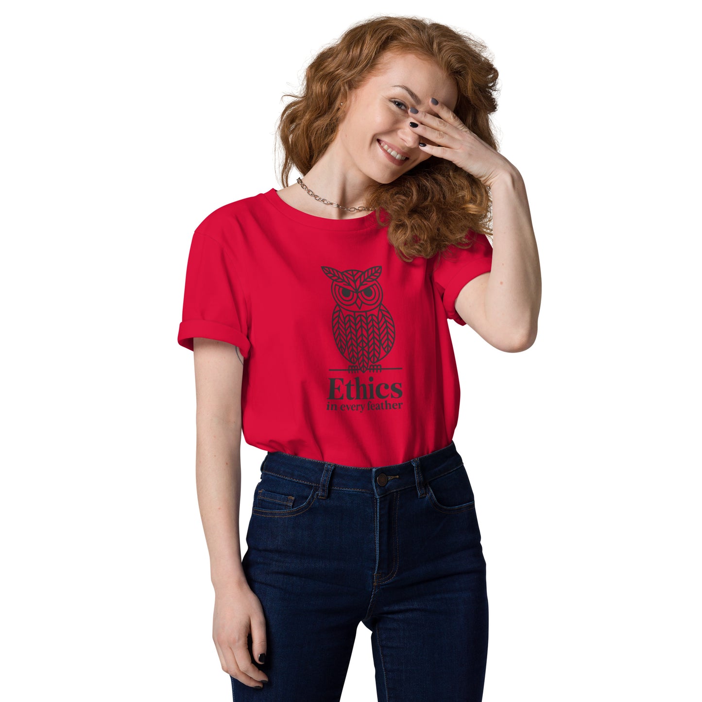 Unisex Organic Cotton T-Shirt: 'Ethics in Every Feather' for Fall | Sustainable Owl Fashion USA Red Dudeily