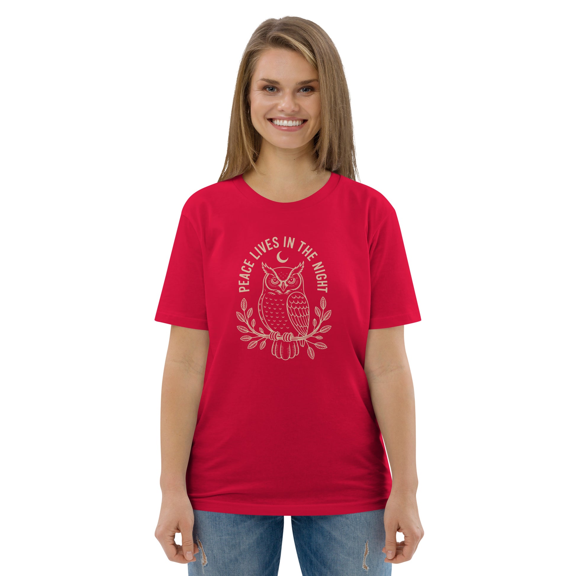 Unisex Organic Cotton T-Shirt: 'Peace in the Night' | Sustainable Owl Fashion USA Dudeily