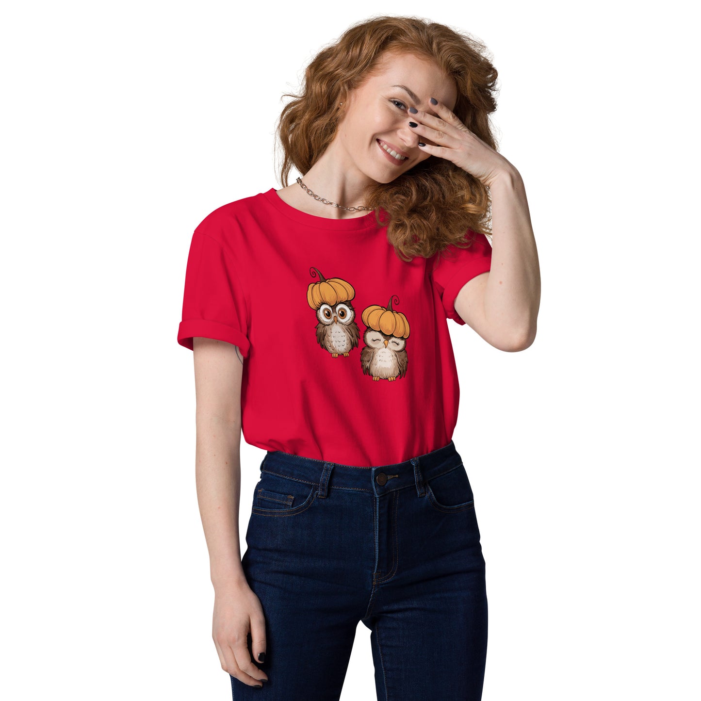 Unisex Organic Cotton T-Shirt: Halloween Owl Eco-Friendly Style USA Red Dudeily