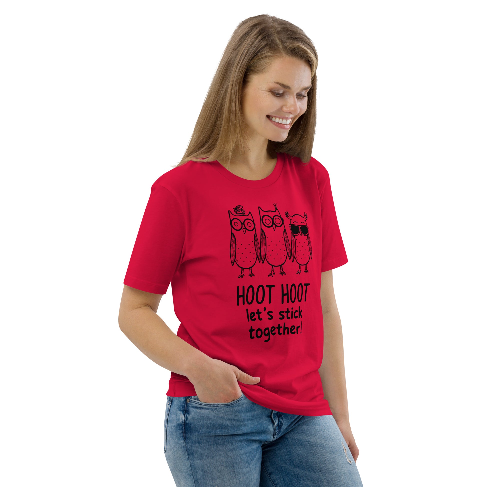 Unisex Organic Cotton T-Shirt: Hoot Hoot Let’s Stick Together! | Owl-Themed Sustainable Fashion USA Dudeily