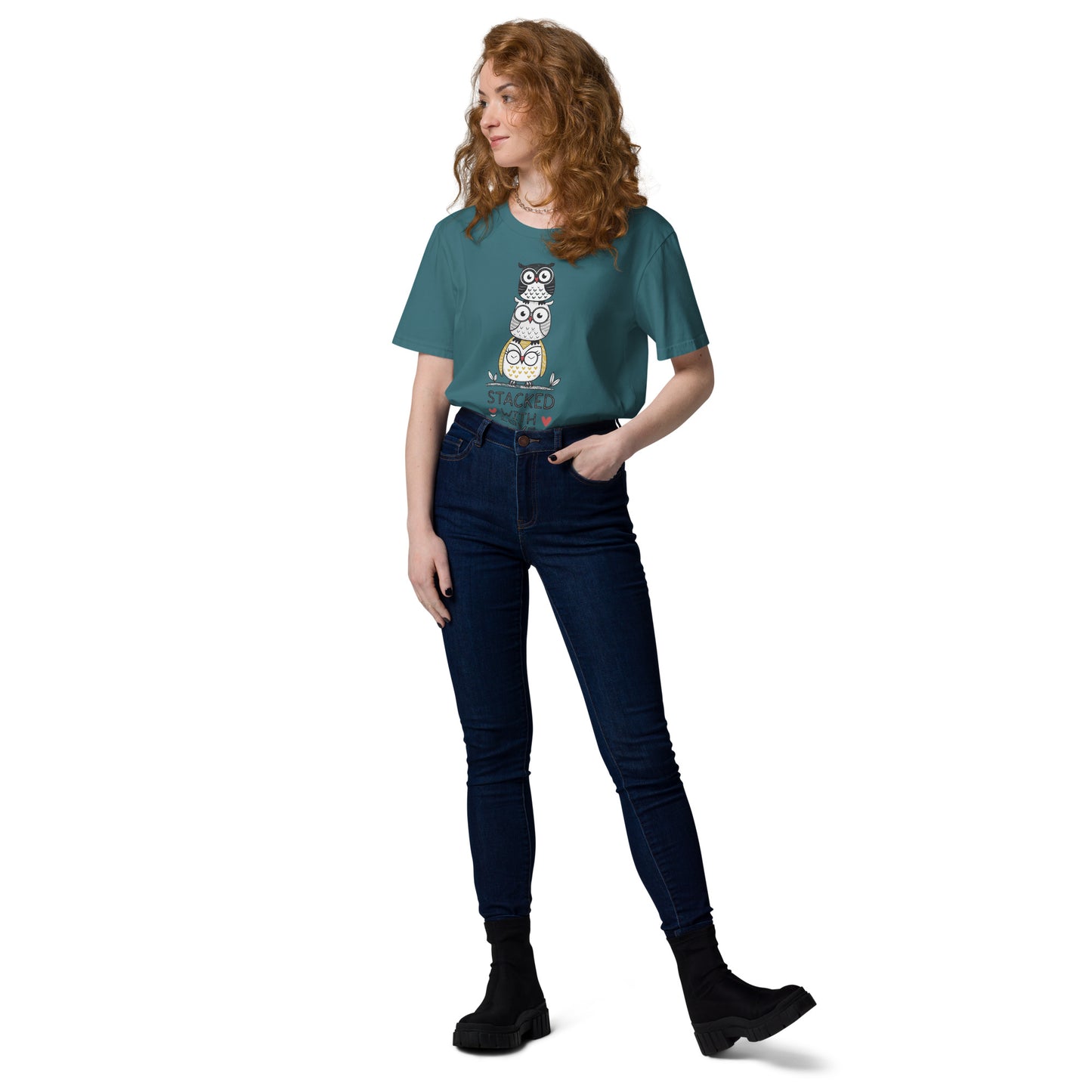 Unisex Organic Cotton T-Shirt: Stacked with Love | Owl-Themed Sustainable Fashion USA by Dudeily Dudeily