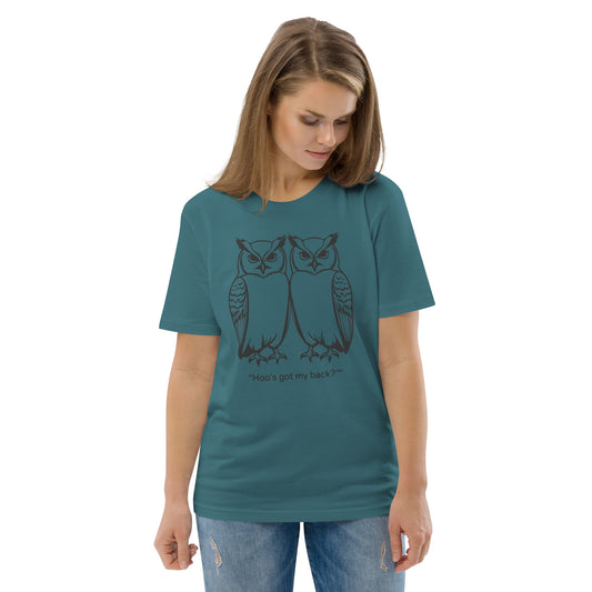 Unisex Organic Cotton T-Shirt: Hoo’s Got My Back? | Owl-Themed Sustainable Fashion USA by Dudeily Stargazer Dudeily
