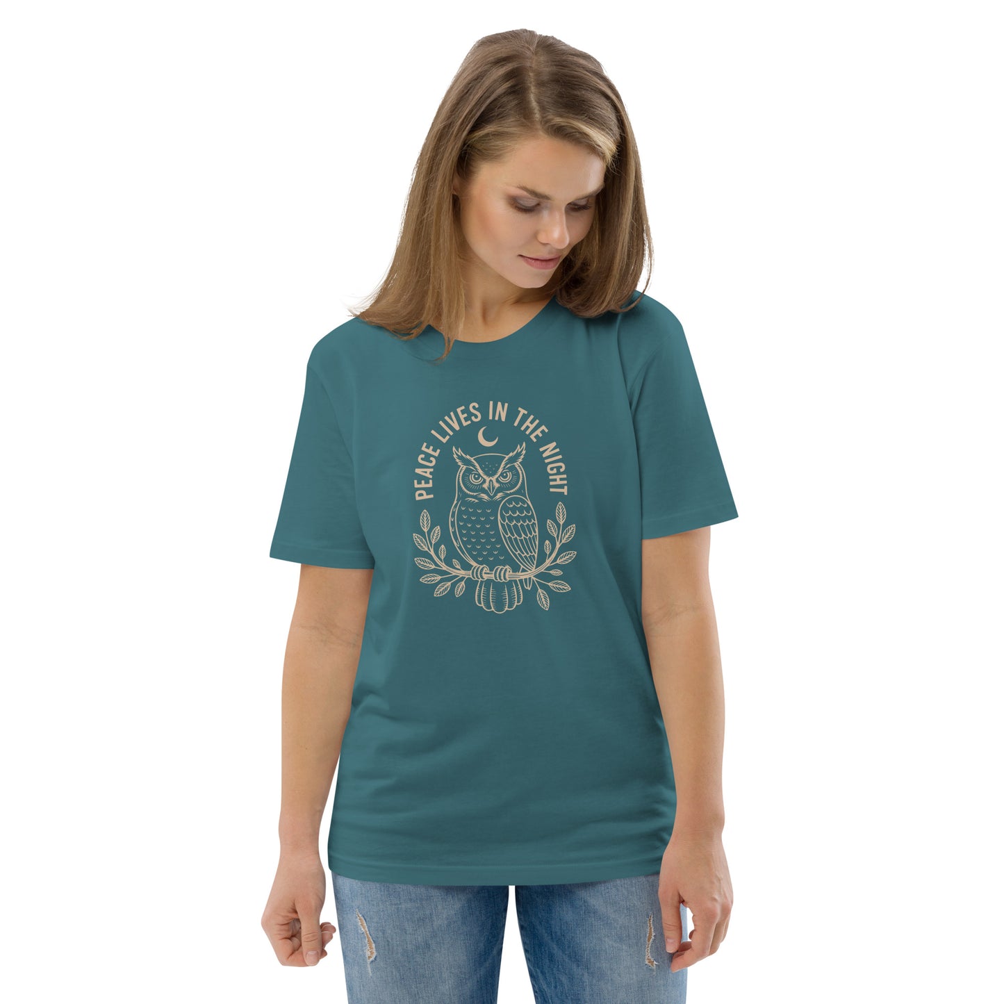 Unisex Organic Cotton T-Shirt: 'Peace in the Night' | Sustainable Owl Fashion USA Stargazer Dudeily