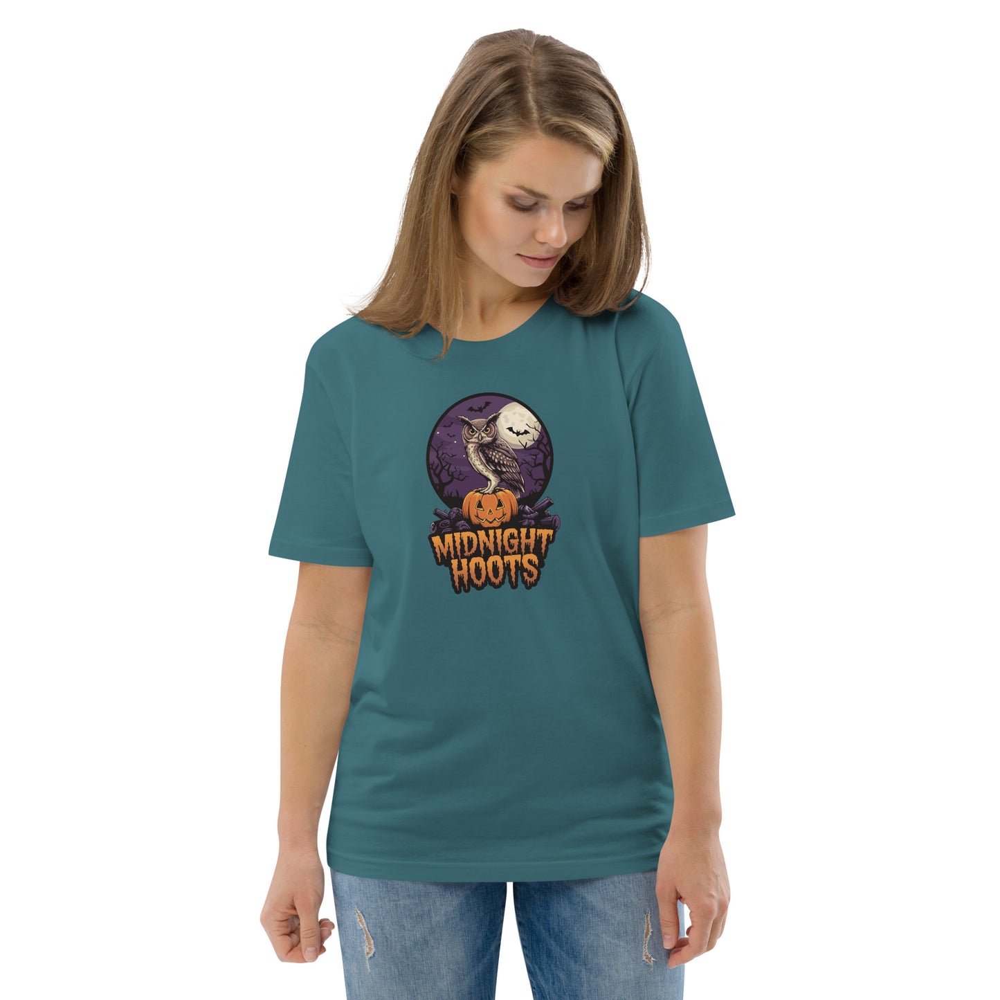 Unisex Organic Cotton T-Shirt: Halloween Owl Eco Fashion USA Stargazer Dudeily