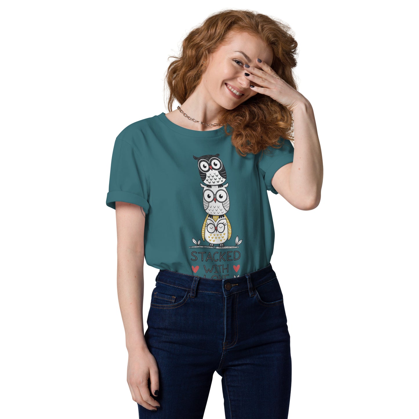 Unisex Organic Cotton T-Shirt: Stacked with Love | Owl-Themed Sustainable Fashion USA by Dudeily Stargazer Dudeily