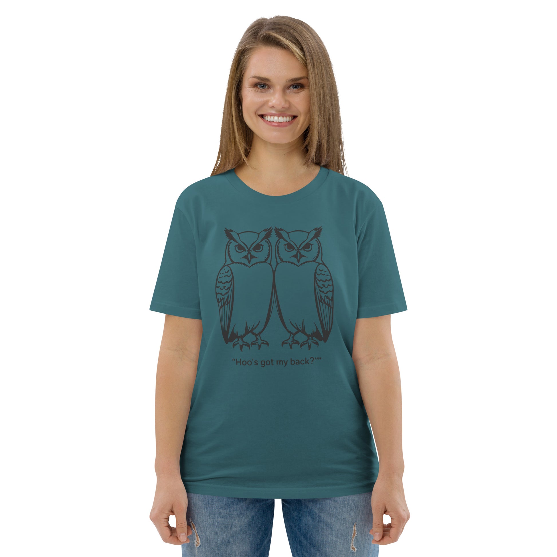 Unisex Organic Cotton T-Shirt: Hoo’s Got My Back? | Owl-Themed Sustainable Fashion USA by Dudeily Dudeily