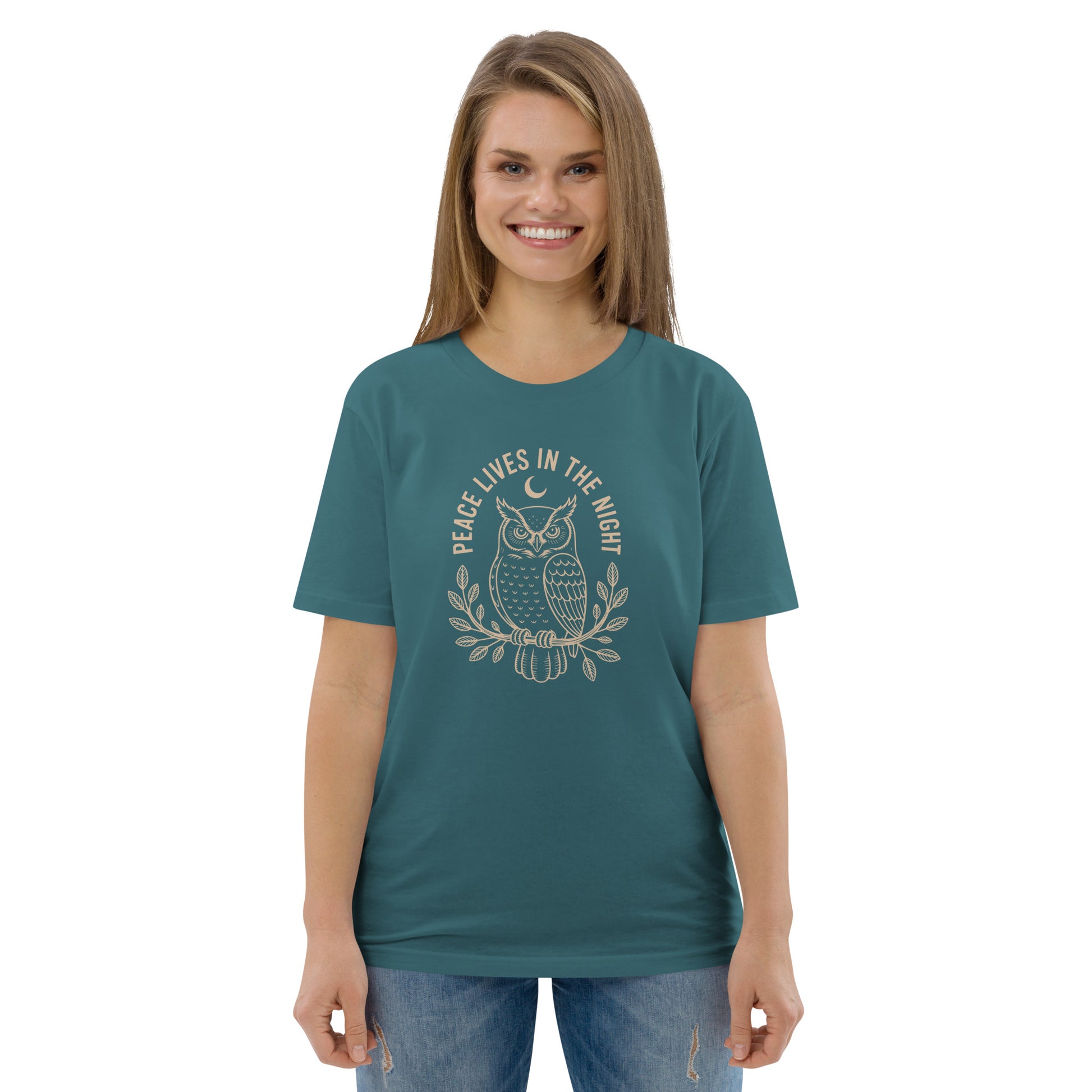 Unisex Organic Cotton T-Shirt: 'Peace in the Night' | Sustainable Owl Fashion USA Dudeily