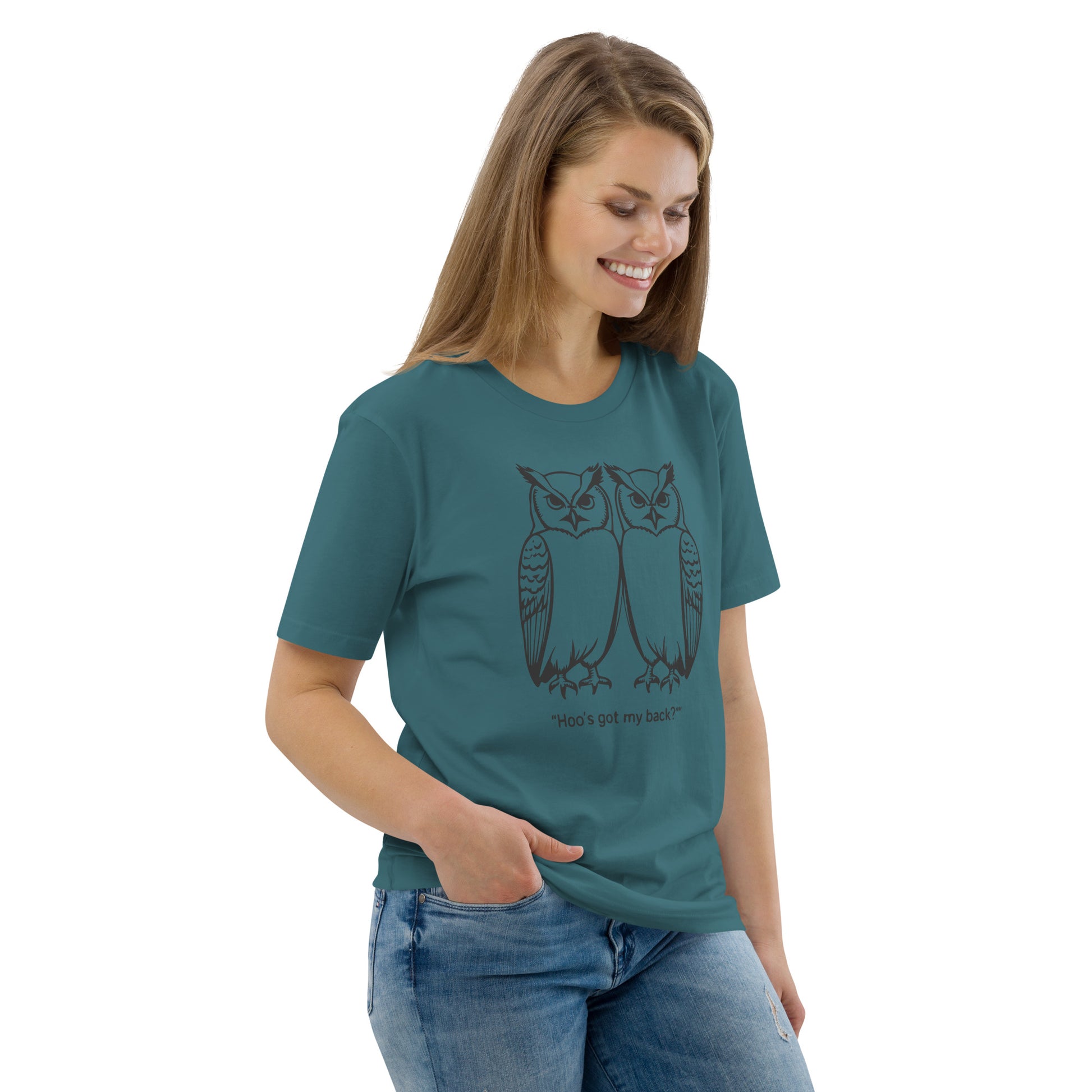 Unisex Organic Cotton T-Shirt: Hoo’s Got My Back? | Owl-Themed Sustainable Fashion USA by Dudeily Dudeily