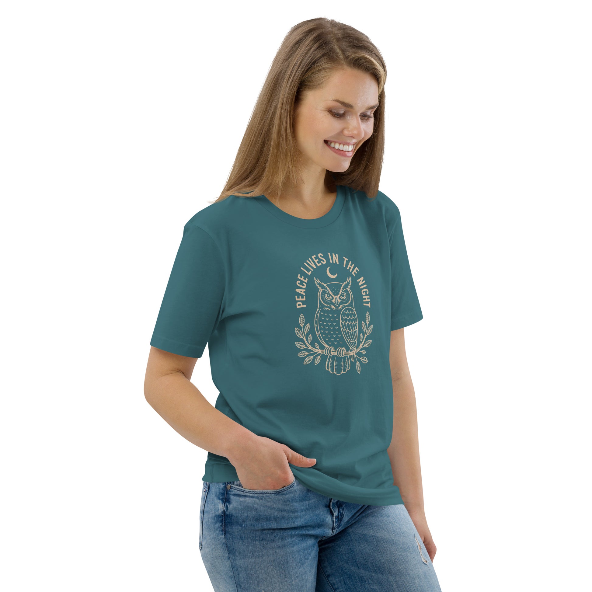 Unisex Organic Cotton T-Shirt: 'Peace in the Night' | Sustainable Owl Fashion USA Dudeily