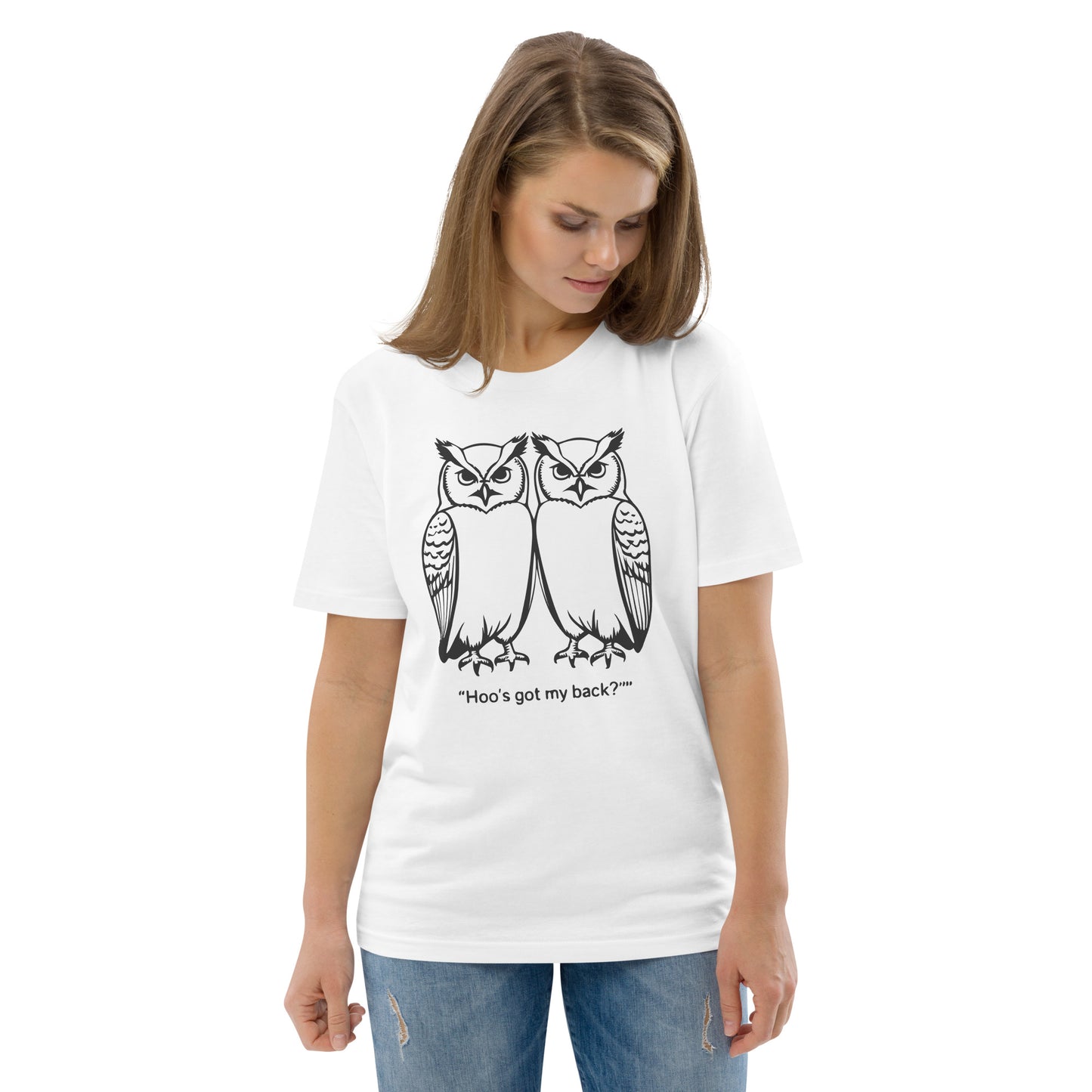 Unisex Organic Cotton T-Shirt: Hoo’s Got My Back? | Owl-Themed Sustainable Fashion USA by Dudeily White Dudeily
