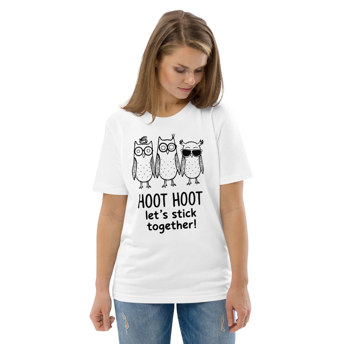 Unisex Organic Cotton T-Shirt: Hoot Hoot Let’s Stick Together! | Owl-Themed Sustainable Fashion USA White Dudeily