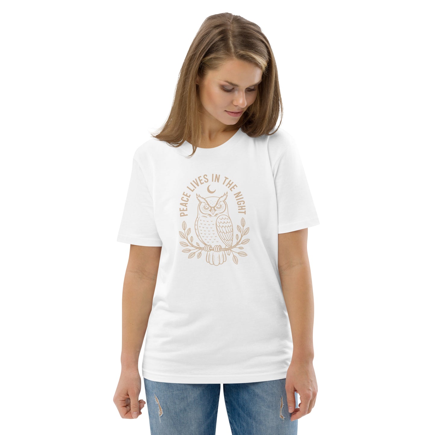 Unisex Organic Cotton T-Shirt: 'Peace in the Night' | Sustainable Owl Fashion USA White Dudeily
