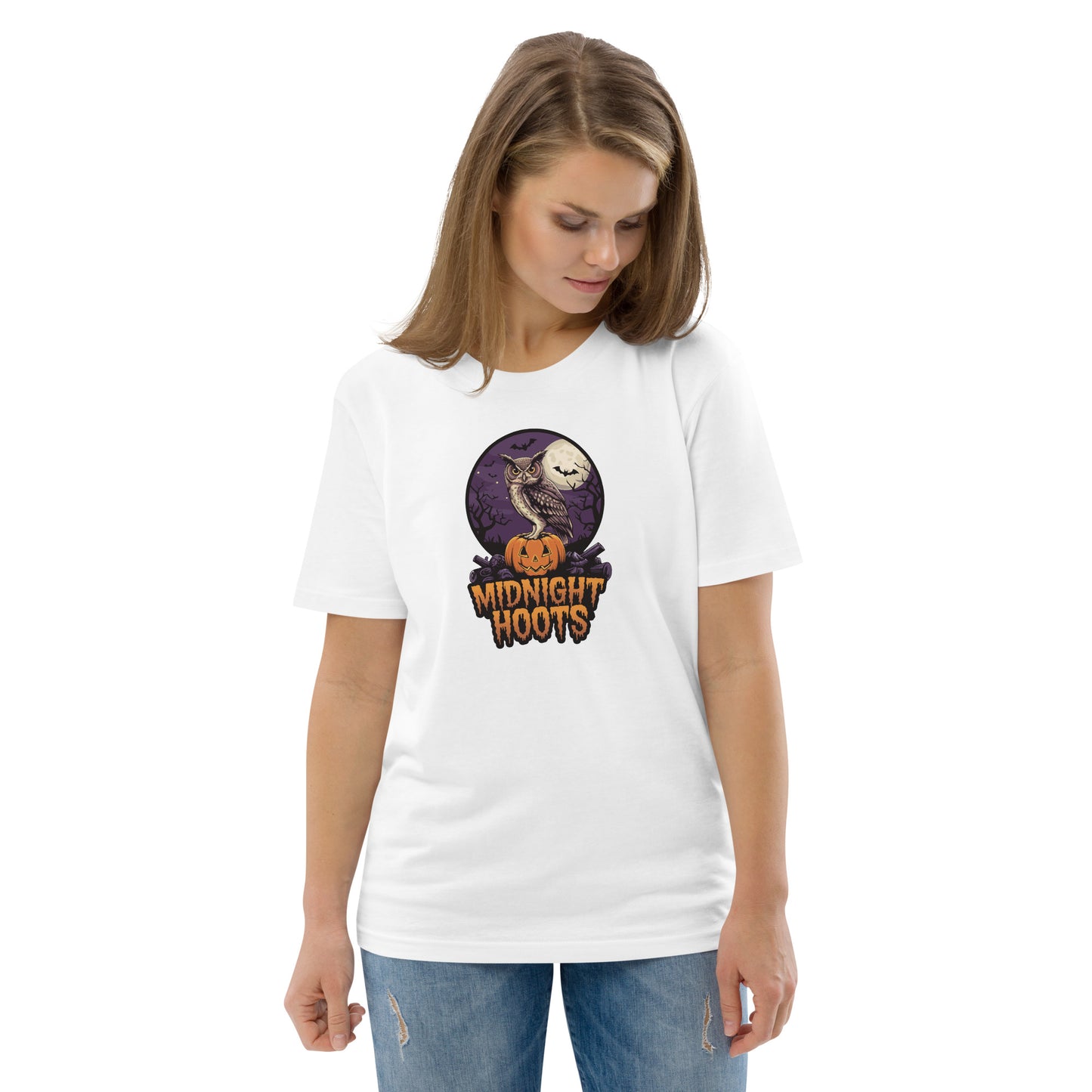 Unisex Organic Cotton T-Shirt: Halloween Owl Eco Fashion USA White Dudeily
