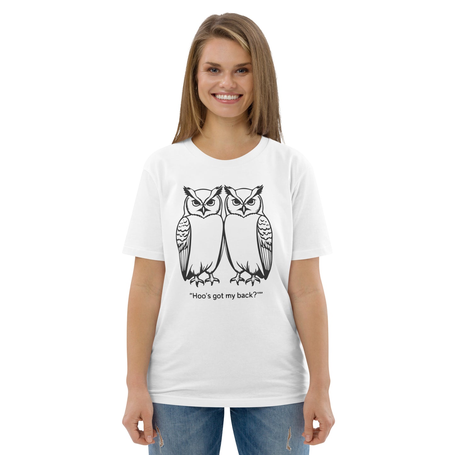 Unisex Organic Cotton T-Shirt: Hoo’s Got My Back? | Owl-Themed Sustainable Fashion USA by Dudeily Dudeily