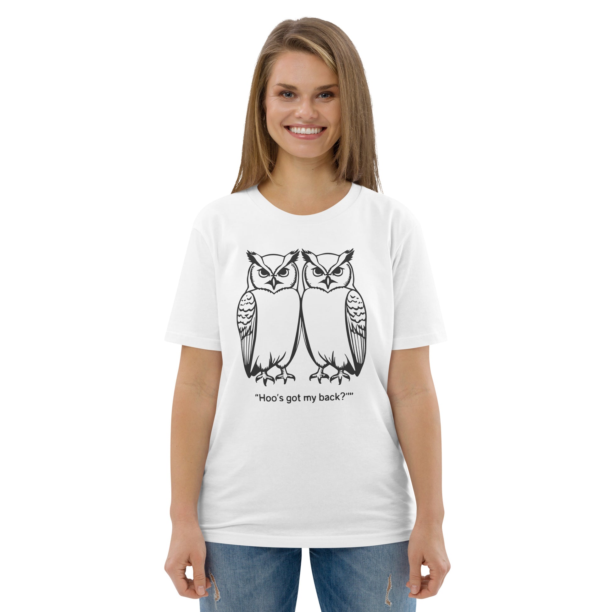 Unisex Organic Cotton T-Shirt: Hoo’s Got My Back? | Owl-Themed Sustainable Fashion USA by Dudeily Dudeily