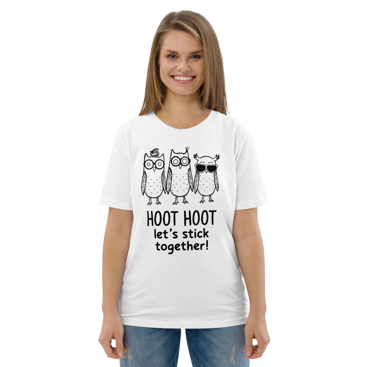 Unisex Organic Cotton T-Shirt: Hoot Hoot Let’s Stick Together! | Owl-Themed Sustainable Fashion USA Dudeily