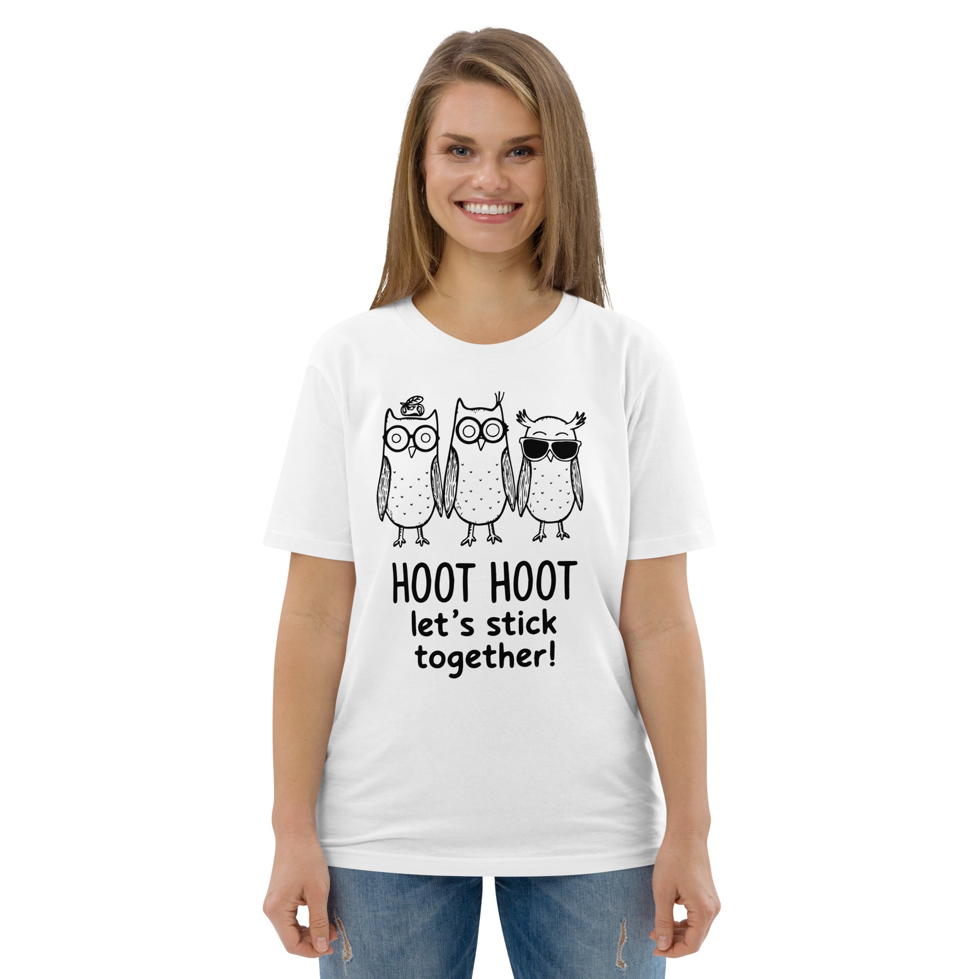Unisex Organic Cotton T-Shirt: Hoot Hoot Let’s Stick Together! | Owl-Themed Sustainable Fashion USA Dudeily
