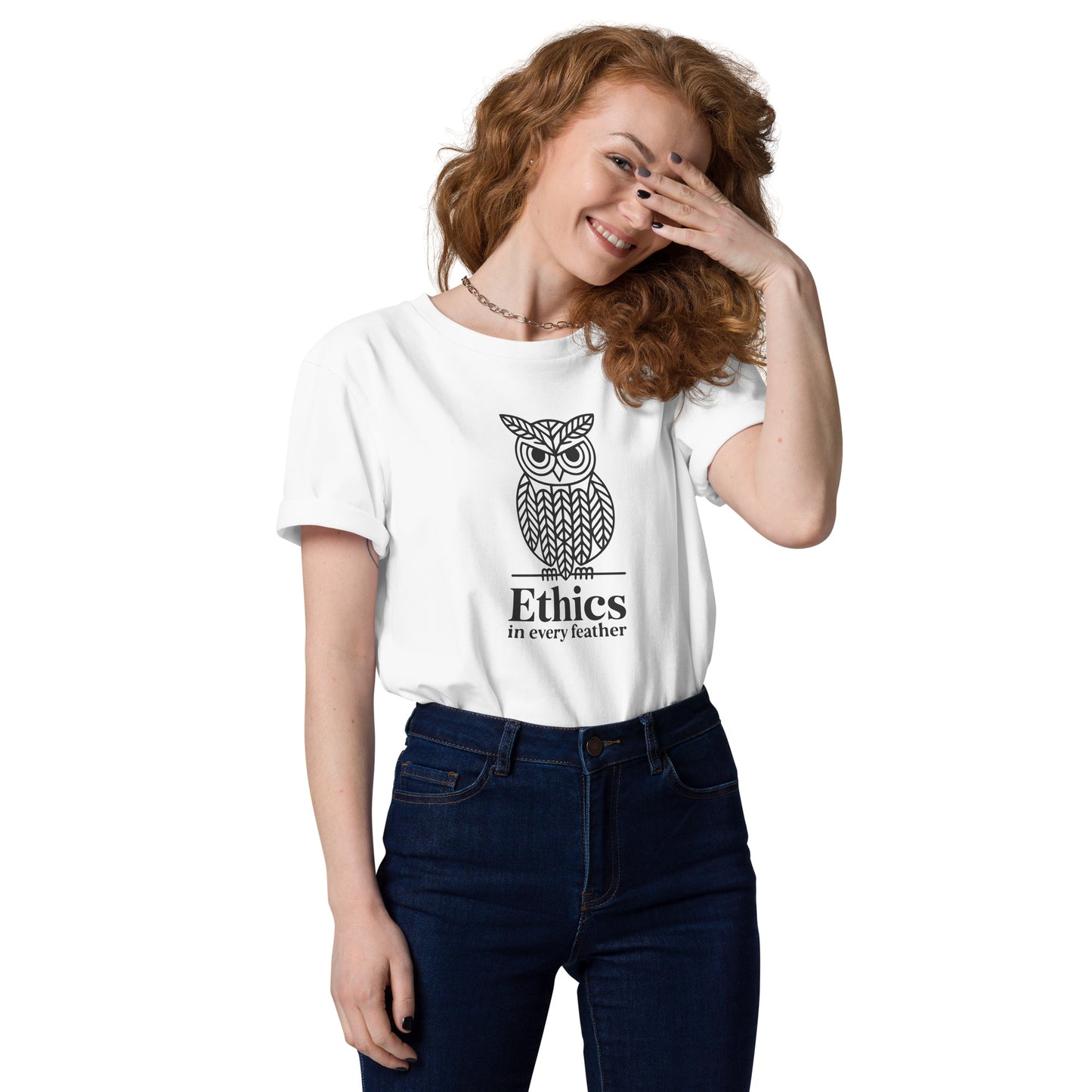 Unisex Organic Cotton T-Shirt: 'Ethics in Every Feather' for Fall | Sustainable Owl Fashion USA White Dudeily