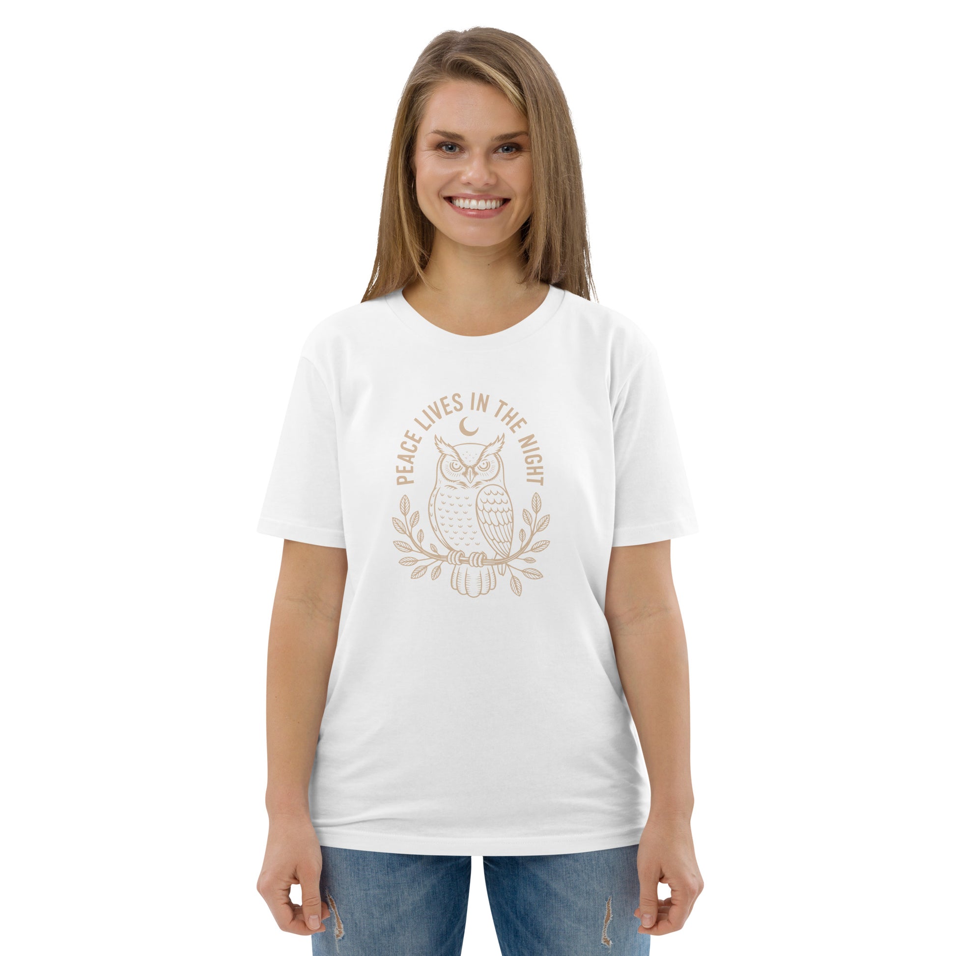 Unisex Organic Cotton T-Shirt: 'Peace in the Night' | Sustainable Owl Fashion USA Dudeily