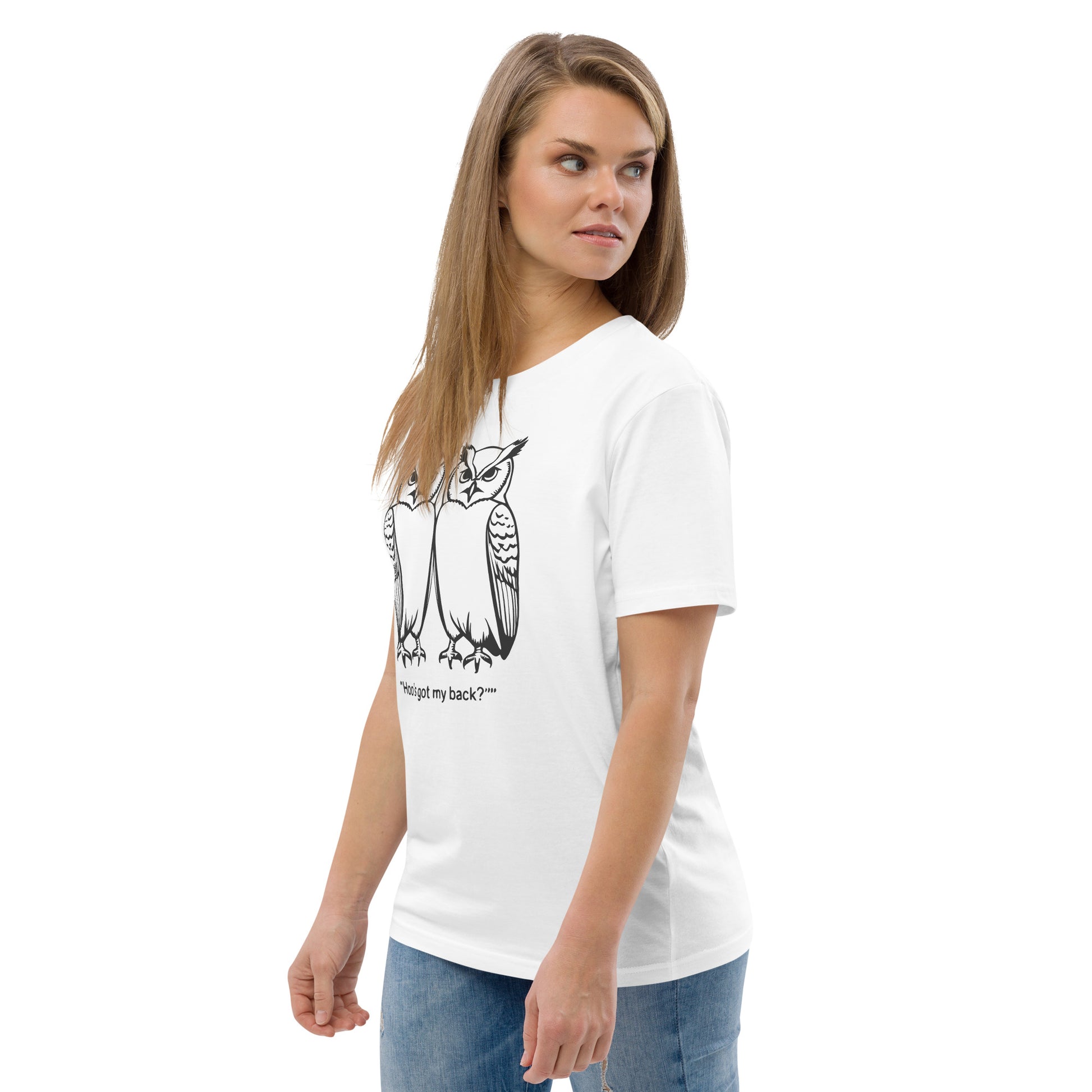 Unisex Organic Cotton T-Shirt: Hoo’s Got My Back? | Owl-Themed Sustainable Fashion USA by Dudeily Dudeily