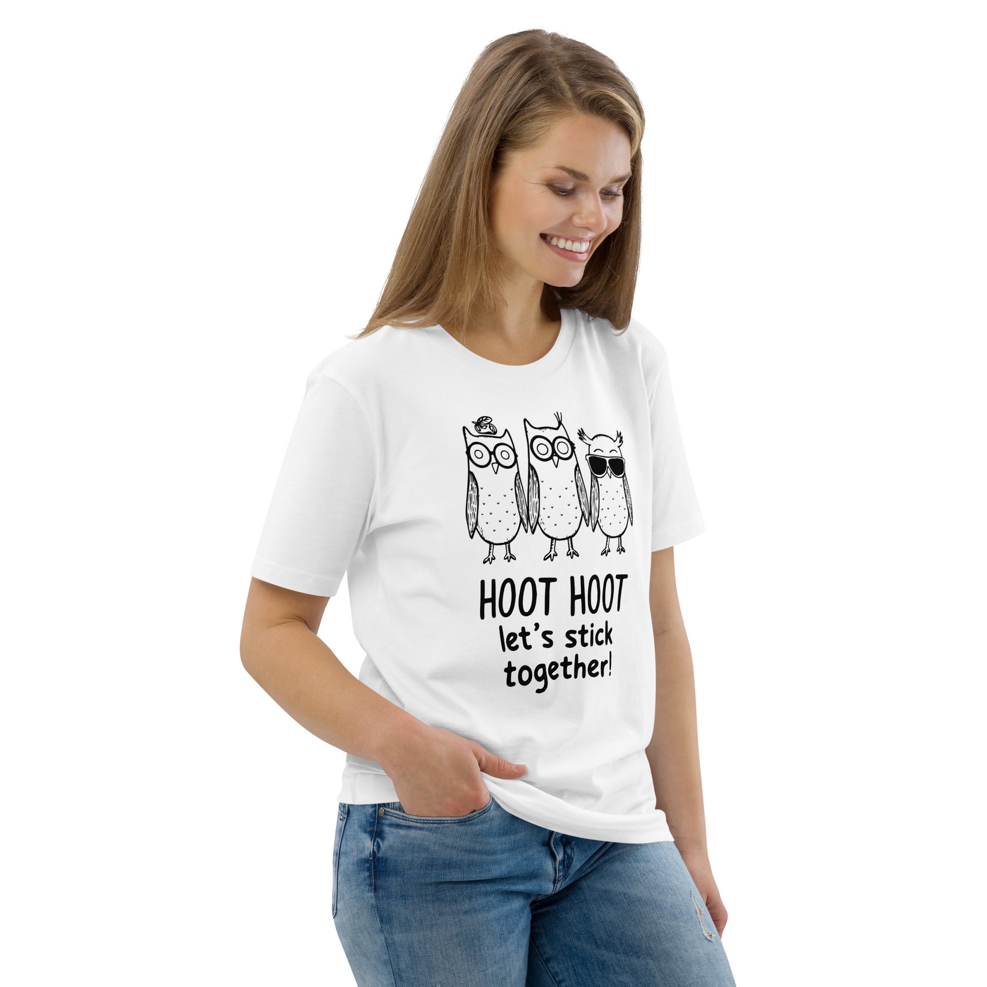 Unisex Organic Cotton T-Shirt: Hoot Hoot Let’s Stick Together! | Owl-Themed Sustainable Fashion USA Dudeily