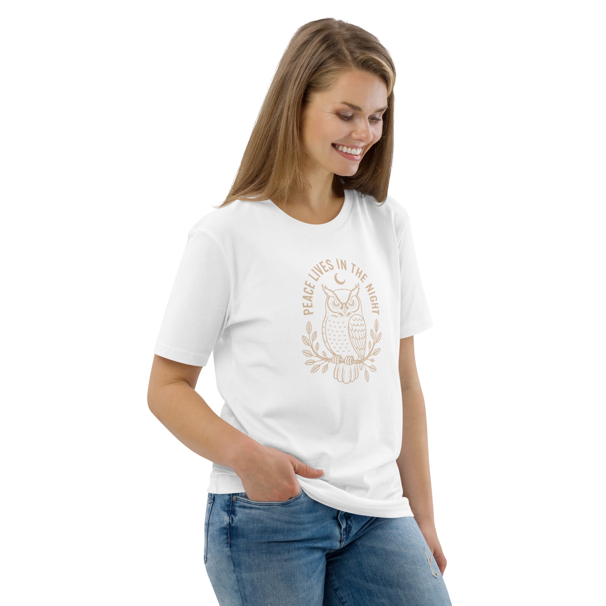 Unisex Organic Cotton T-Shirt: 'Peace in the Night' | Sustainable Owl Fashion USA Dudeily