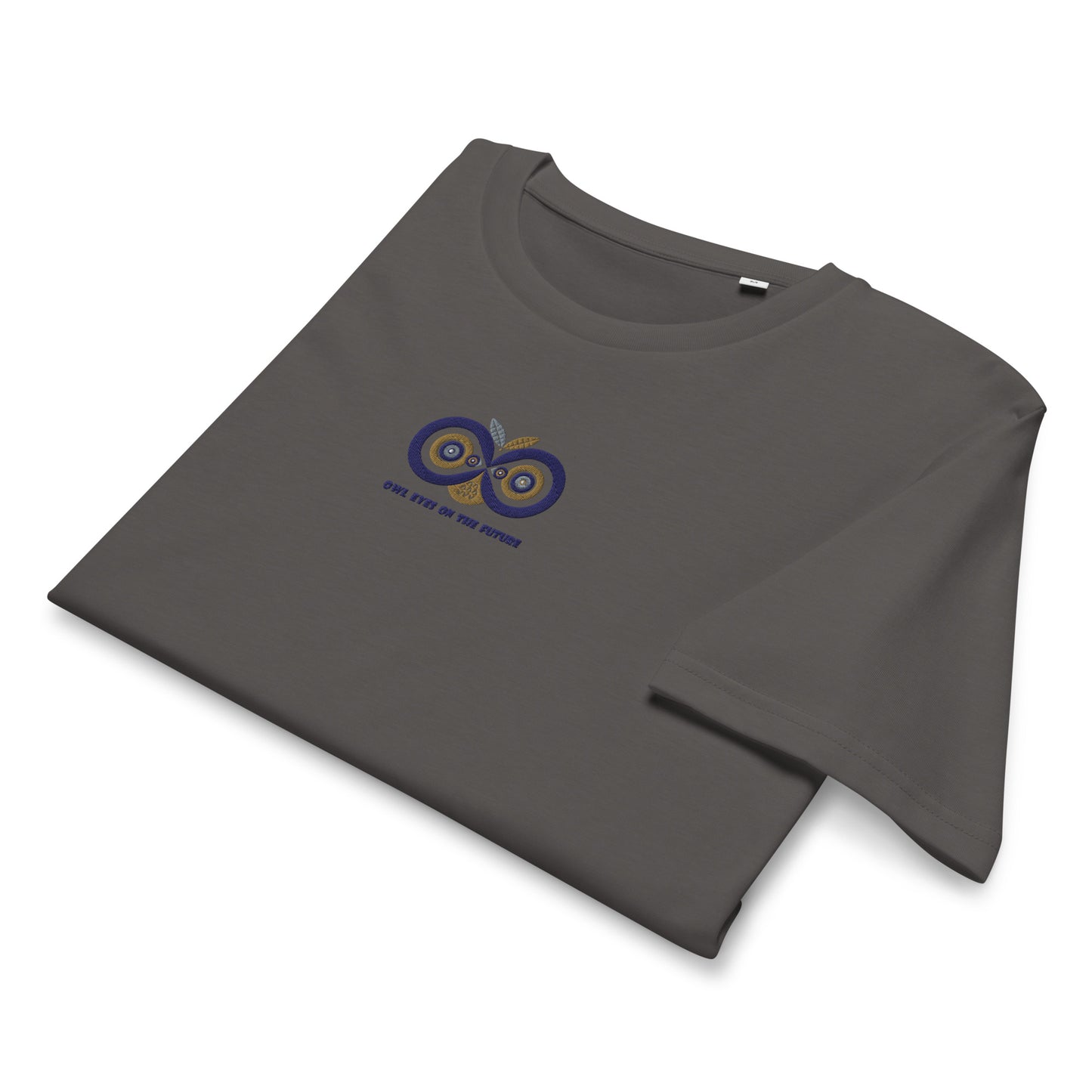Embroidered Unisex Organic Mid-Light T-Shirt – Owl Eyes on the Future | Owl-Themed Sustainable Fashion USA Dudeily