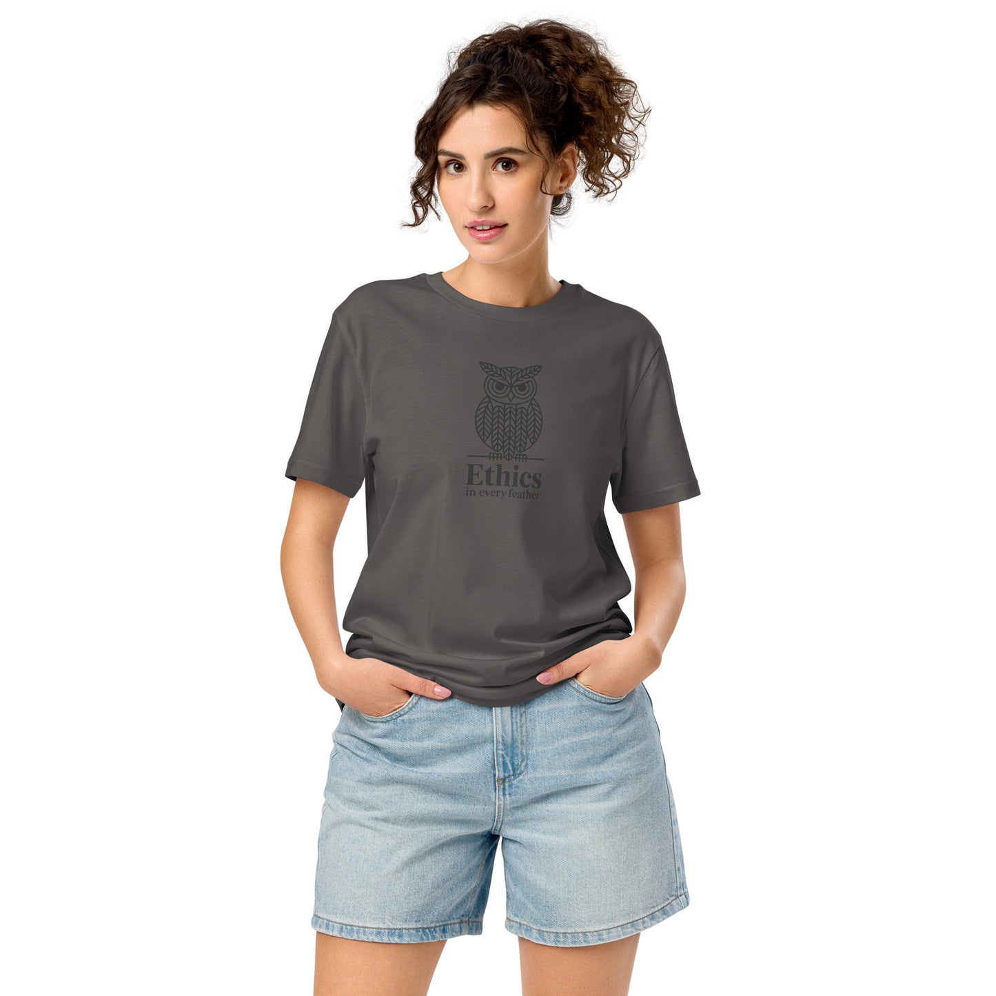 Unisex Organic Mid-Light T-Shirt: 'Ethics in Every Feather' | Sustainable Owl Fashion USA Anthracite Dudeily