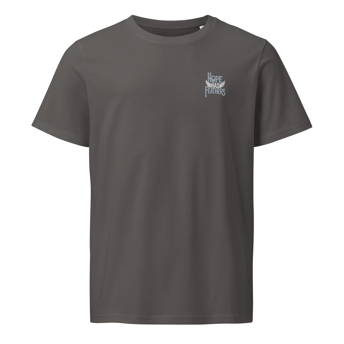Unisex Organic Mid-Light T-Shirt "Hope Has Feathers" – Embroidered Eco-Friendly Owl Clothing Anthracite Dudeily