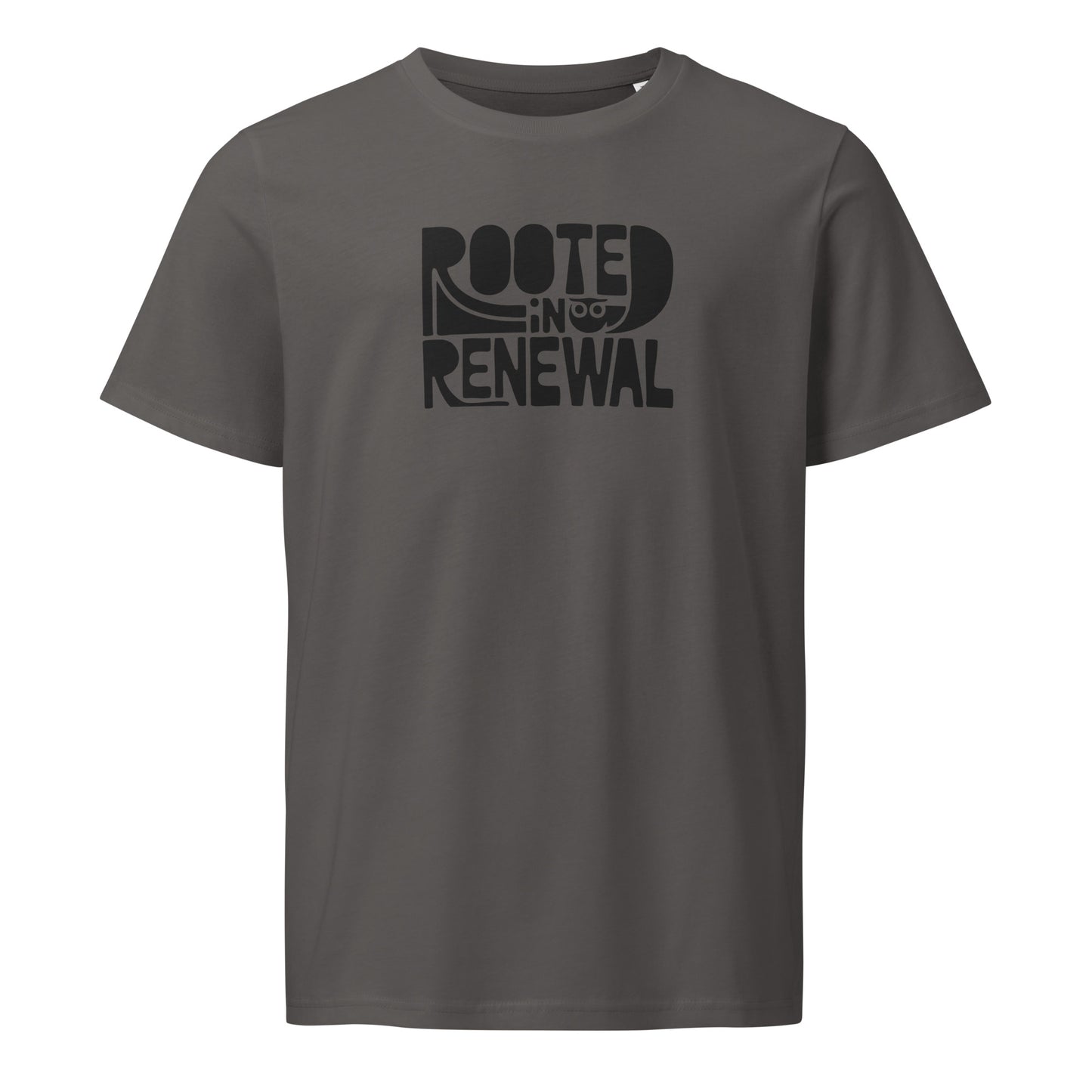 Unisex Organic Mid-Light T-Shirt "Rooted In Renewal" – Owl Print Eco-Friendly Owl Clothing Anthracite Dudeily