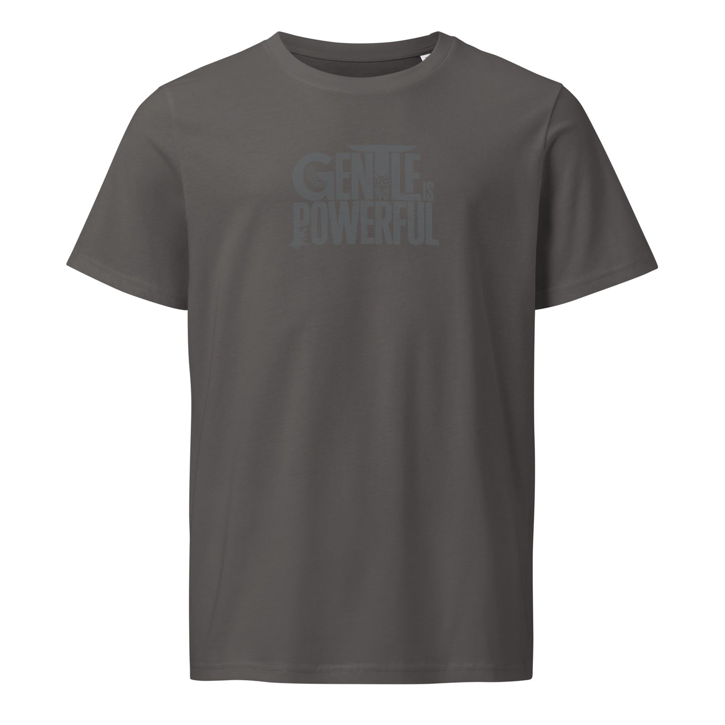 Unisex Organic Mid-Light T-Shirt "Gentle is Powerful" – Owl Print Sustainable Fashion Anthracite Dudeily