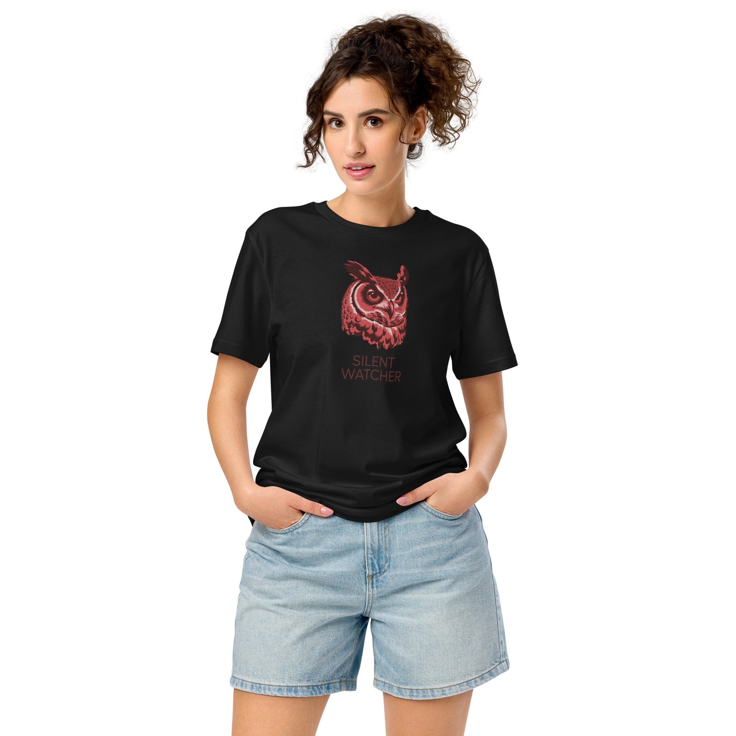 Unisex Organic Mid-Light T-Shirt: 'SILENT WATCHER' | Sustainable Owl Fashion USA Black Dudeily